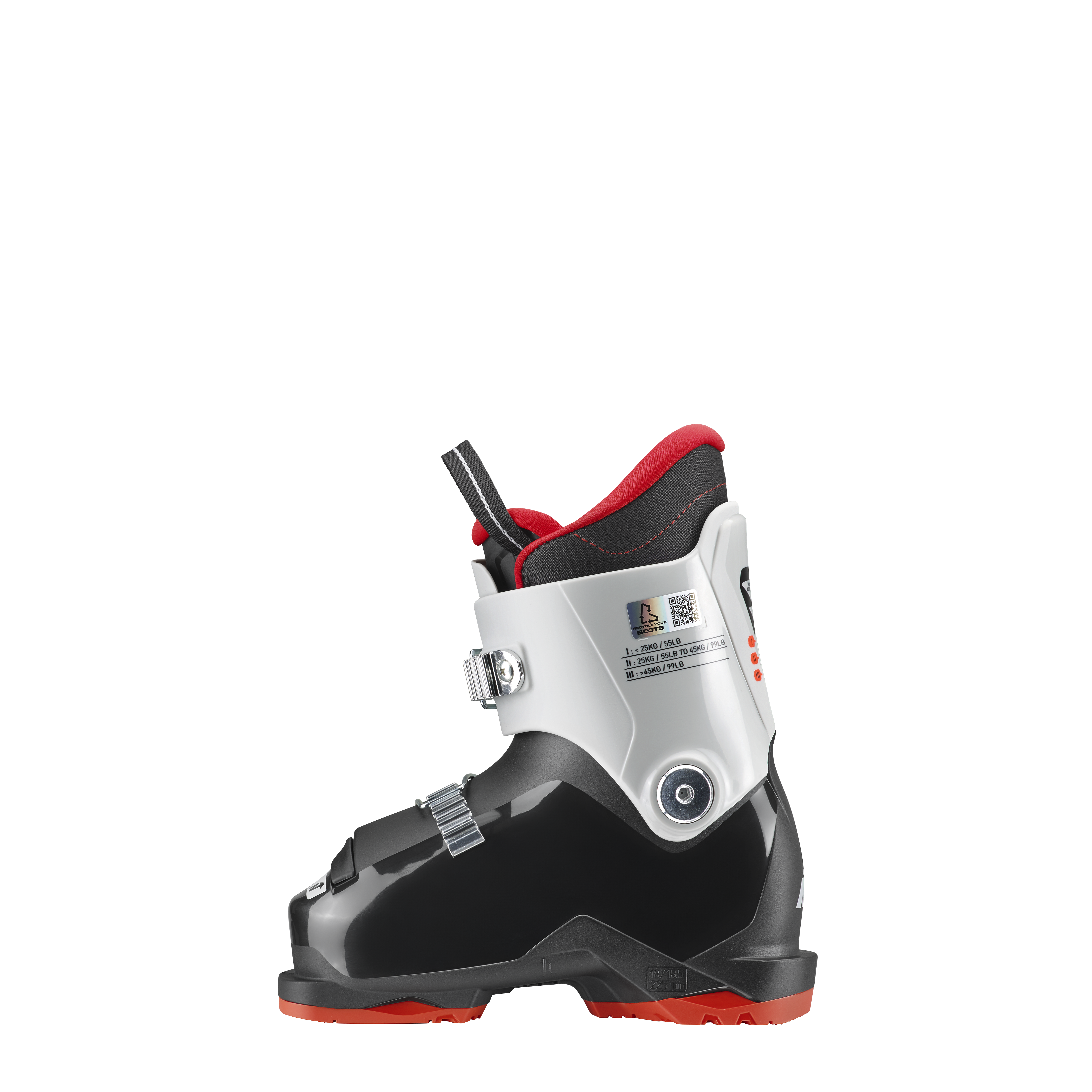 Nordica Speedmachine J 2 junior ski boots in Black/Grey/Red, a beginner-friendly boot with a soft flex for young skiers.