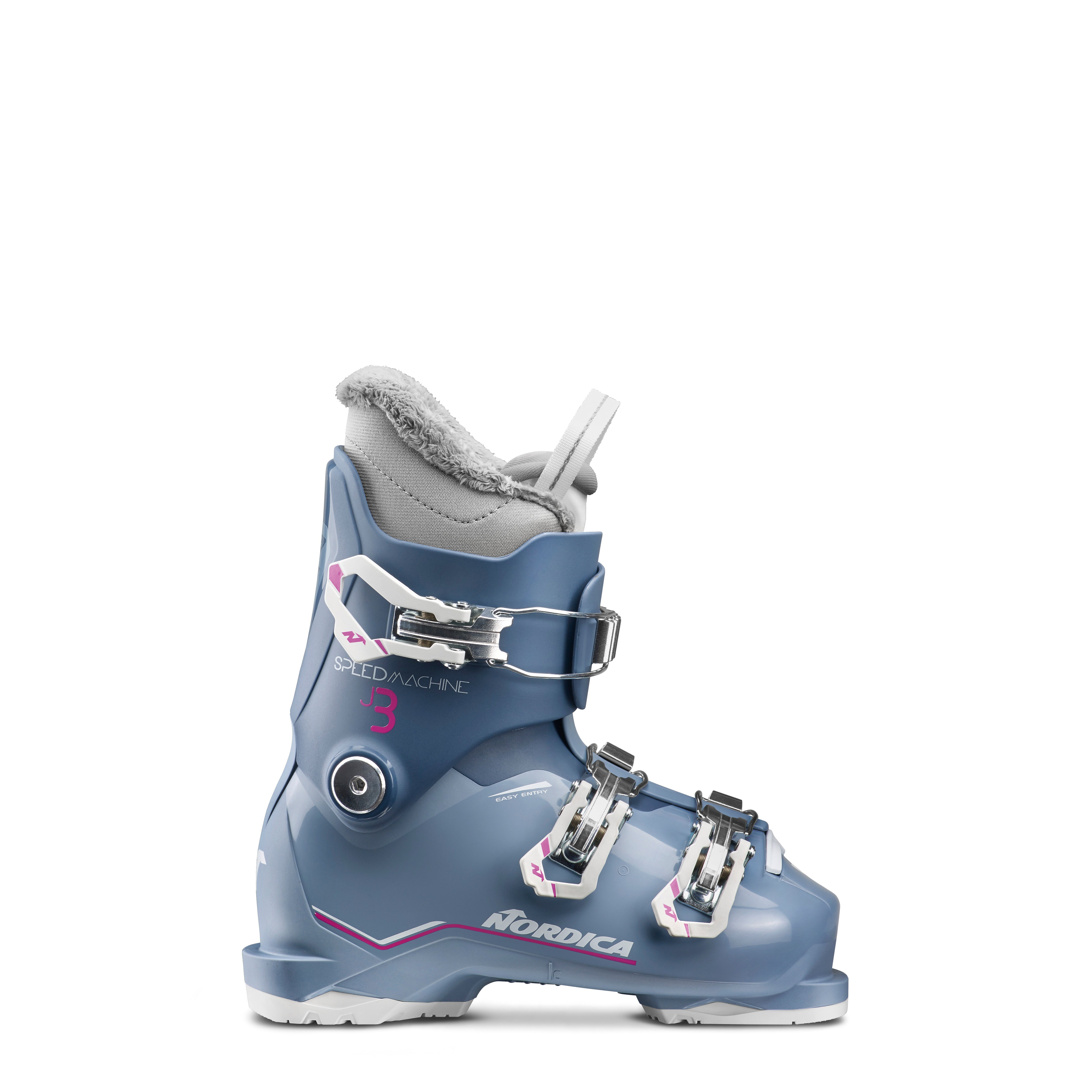 Nordica Speedmachine J 3 Girl junior ski boots in Blue/Light Blue/Fucsia, a moderate-flex boot for developing young skiers.