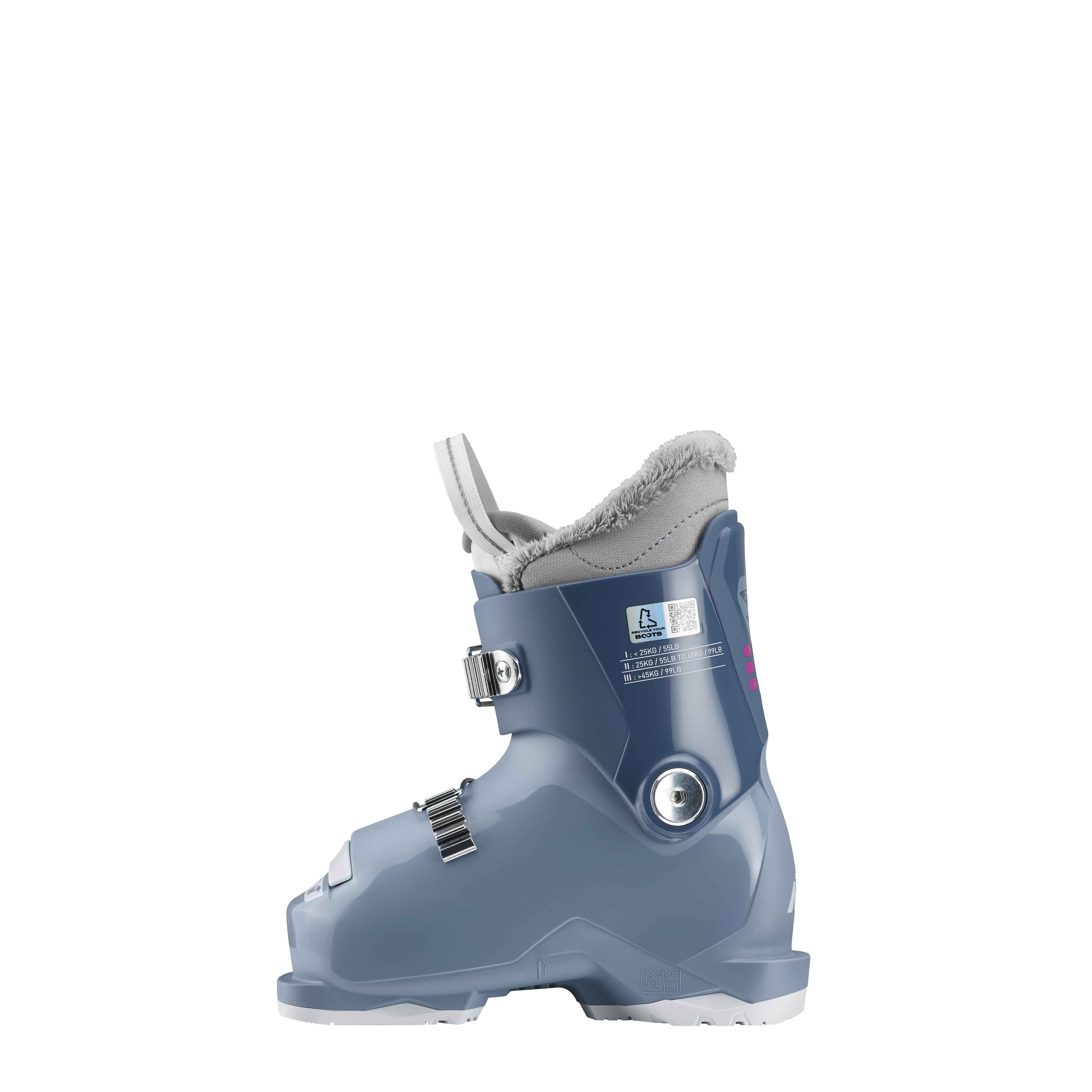 Nordica Speedmachine J 2 Girl junior ski boots in Blue/Light Blue/Fucsia, a beginner-friendly boot for young girls.