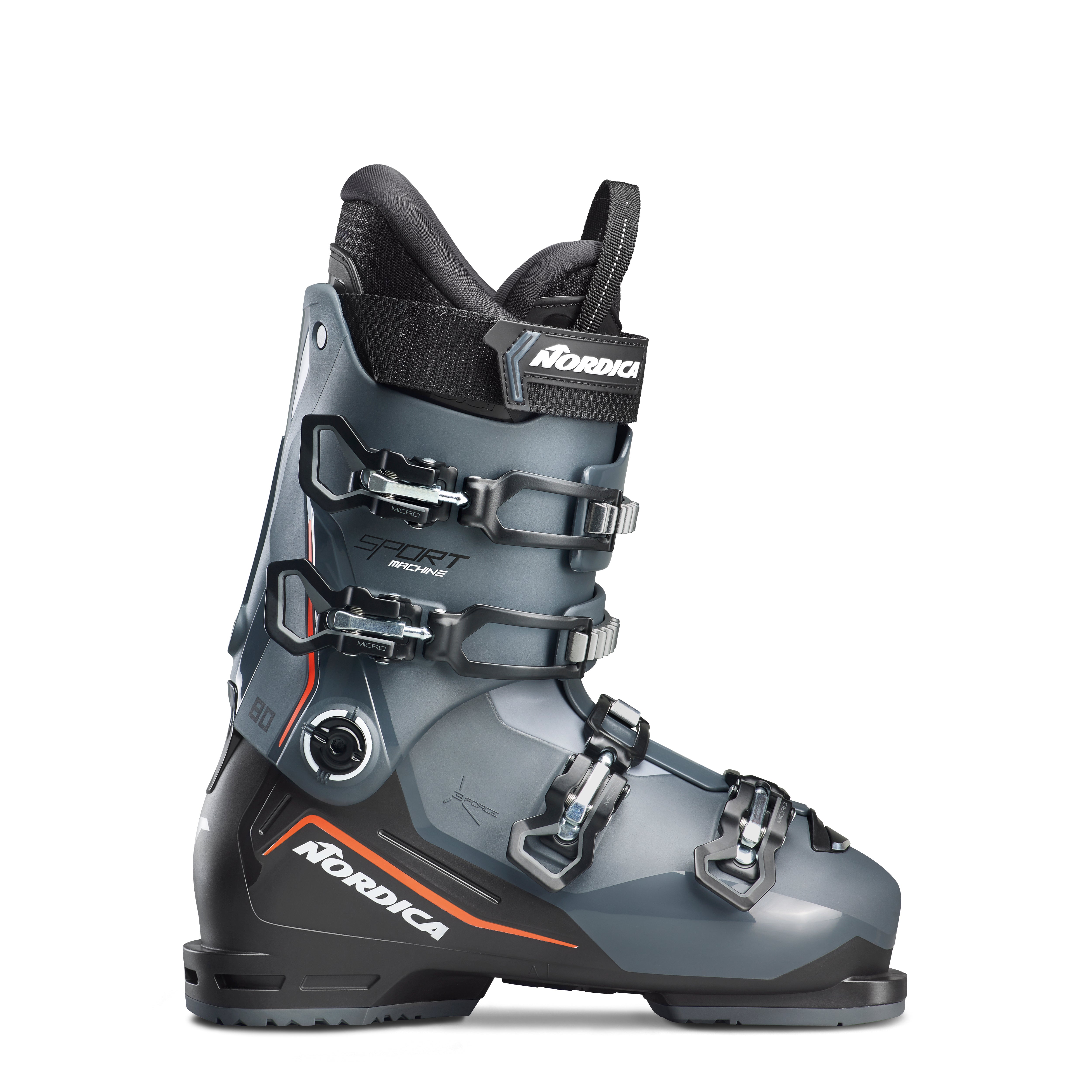 Nordica Sportmachine 3 80 ski boots in Anthracite/Black/Red, a comfortable all-mountain boot with an 80 flex.
