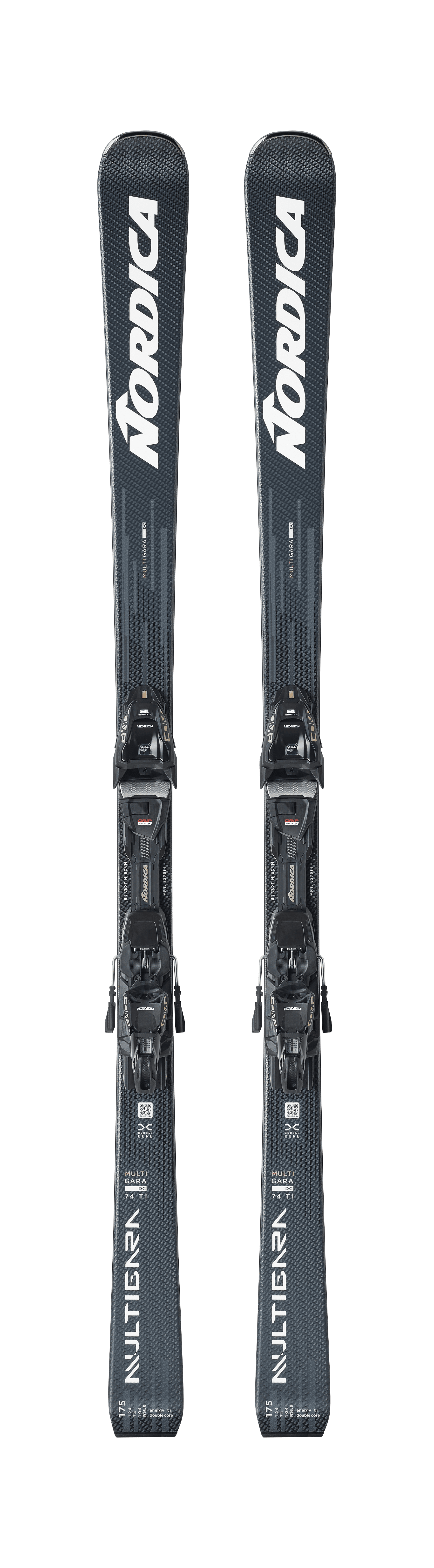 Nordica Multigara DC 74 Ti skis in Greyblue/White, a titanium-reinforced carving ski for precise groomer performance.