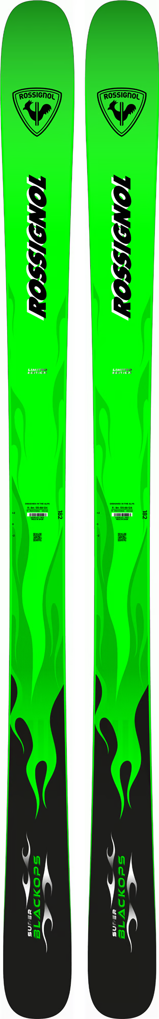 Rossignol Super Blackops skis, an all-mountain ski with retro-inspired graphics and stable, damp performance.