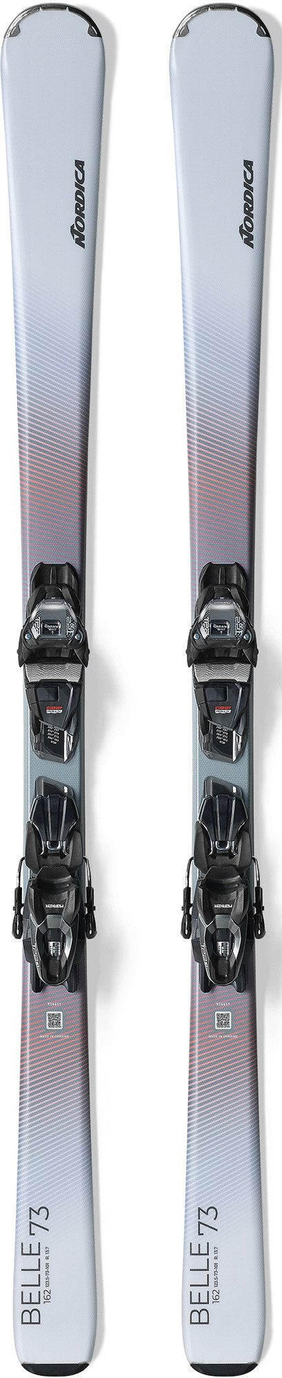 Two skis with bindings on a white background