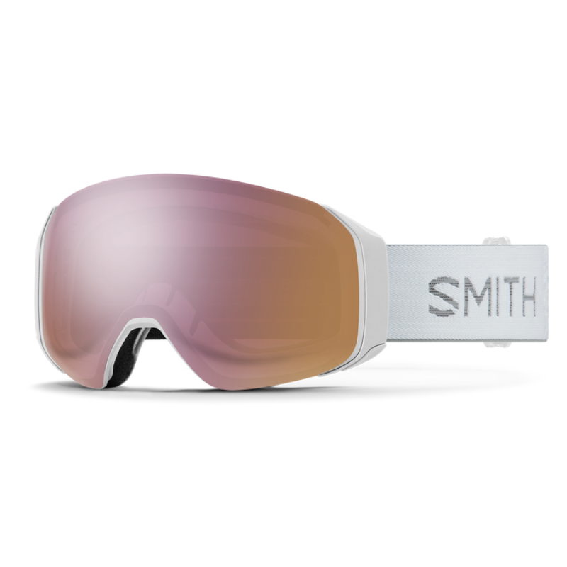 Front view of the Smith 4D MAG S Low Bridge Fit Goggles featuring a scaled-down low-bridge frame, down-curved BirdsEye Vision ChromaPop lens, integrated magnetic MAG retention levers, triple-layer DriWix face foam, and a silicone-backed QuickFit strap.