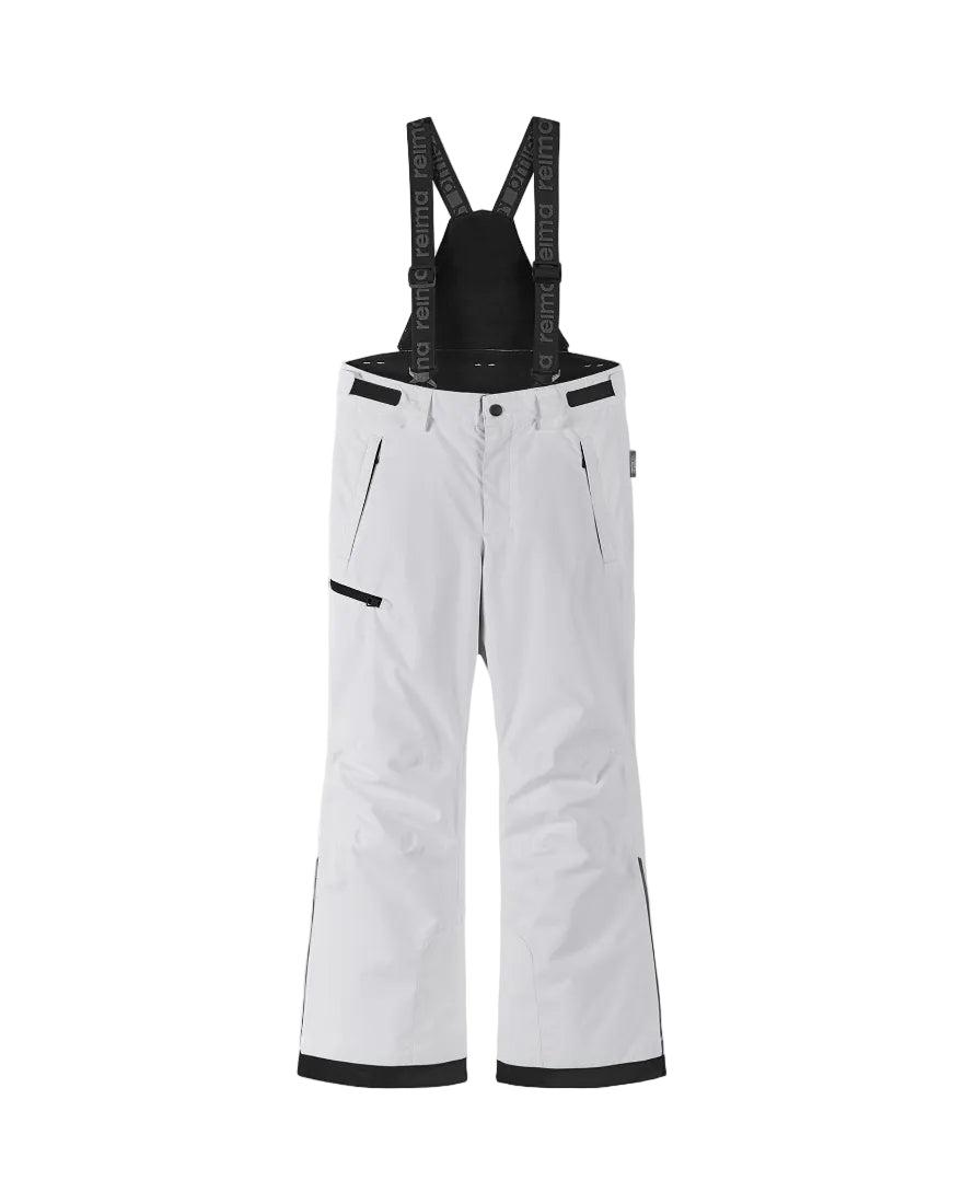 Front view of white Reima Jr Terrie Pants featuring a waterproof Reimatec shell, detachable elastic suspenders, reinforced ankle scuff guards, and internal snow gaiters.