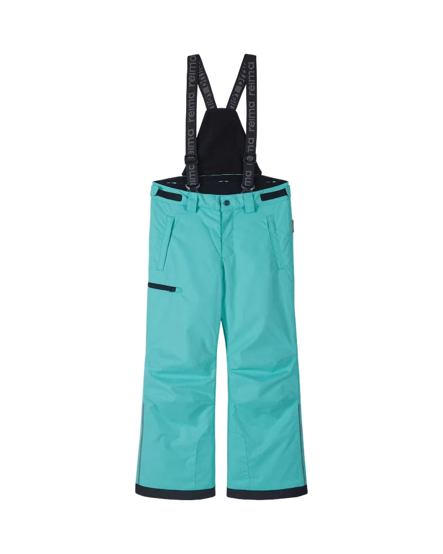 Front view of aquamarine Reima Jr Terrie Pants featuring a waterproof Reimatec shell, detachable elastic suspenders, reinforced ankle scuff guards, and internal snow gaiters.