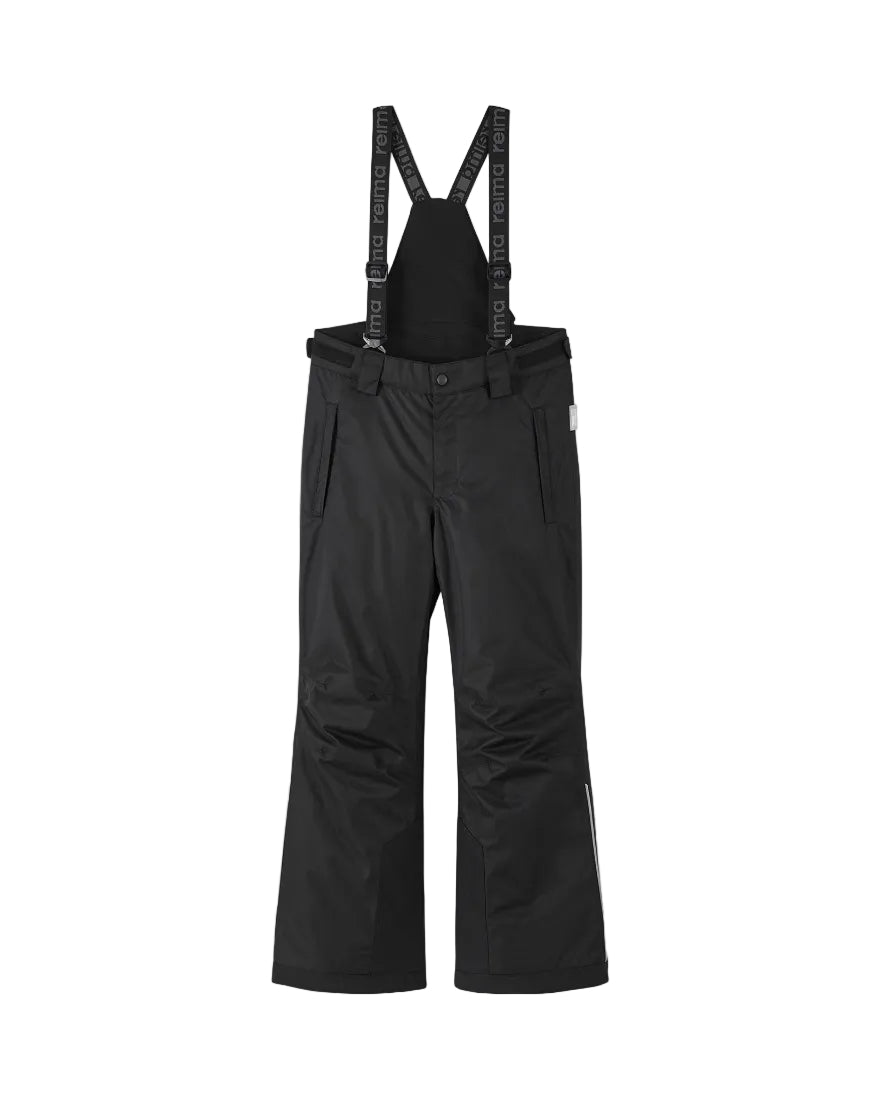 Front view of black Reima Jr Terrie Pants featuring a waterproof Reimatec shell, detachable elastic suspenders, reinforced ankle scuff guards, and internal snow gaiters.