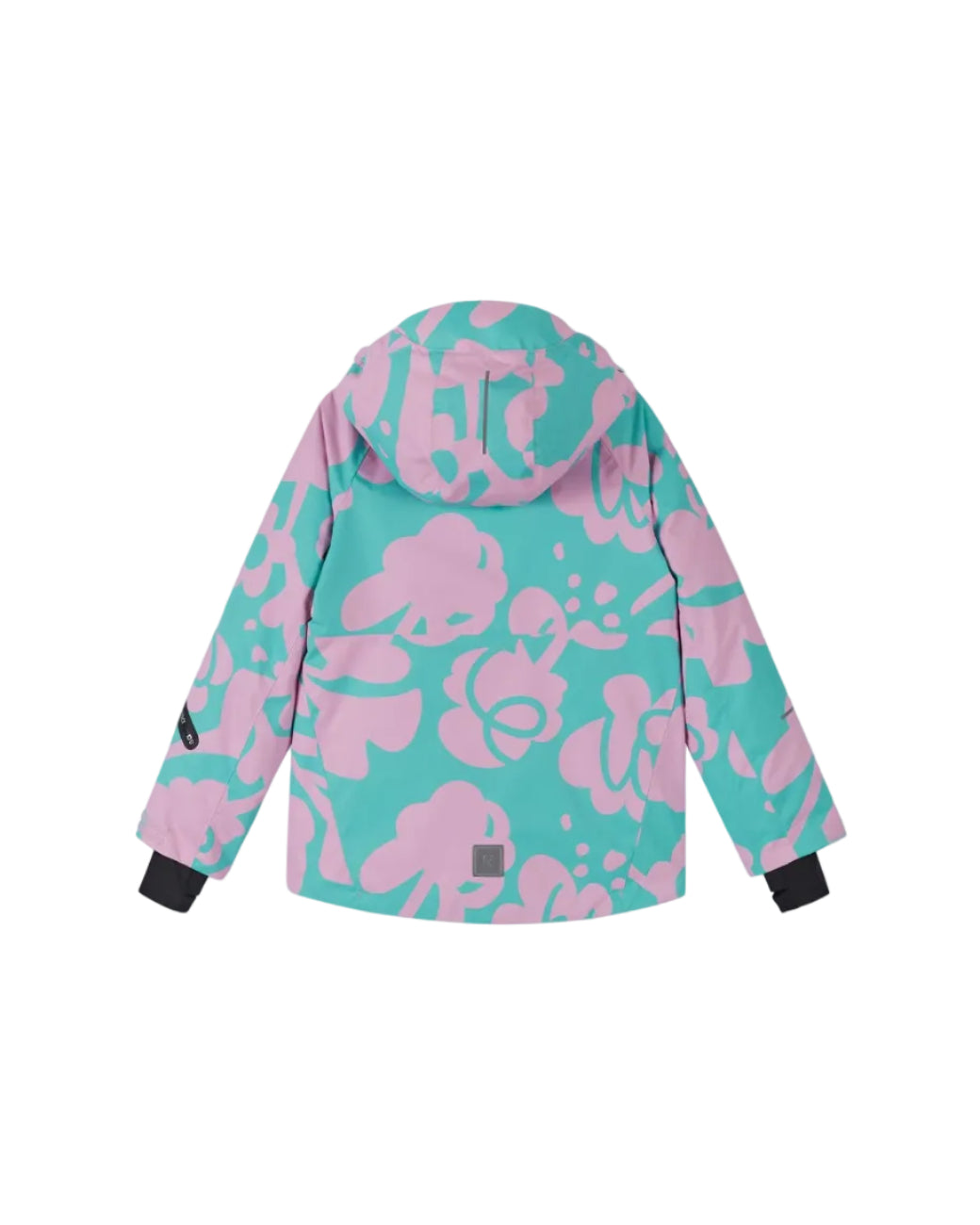 Rear view of a light heather Reima Jr Posio Jacket featuring a waterproof Reimatec shell, detachable safety hood, zipped sleeve ski pass pocket, and integrated waist snow gaiter.