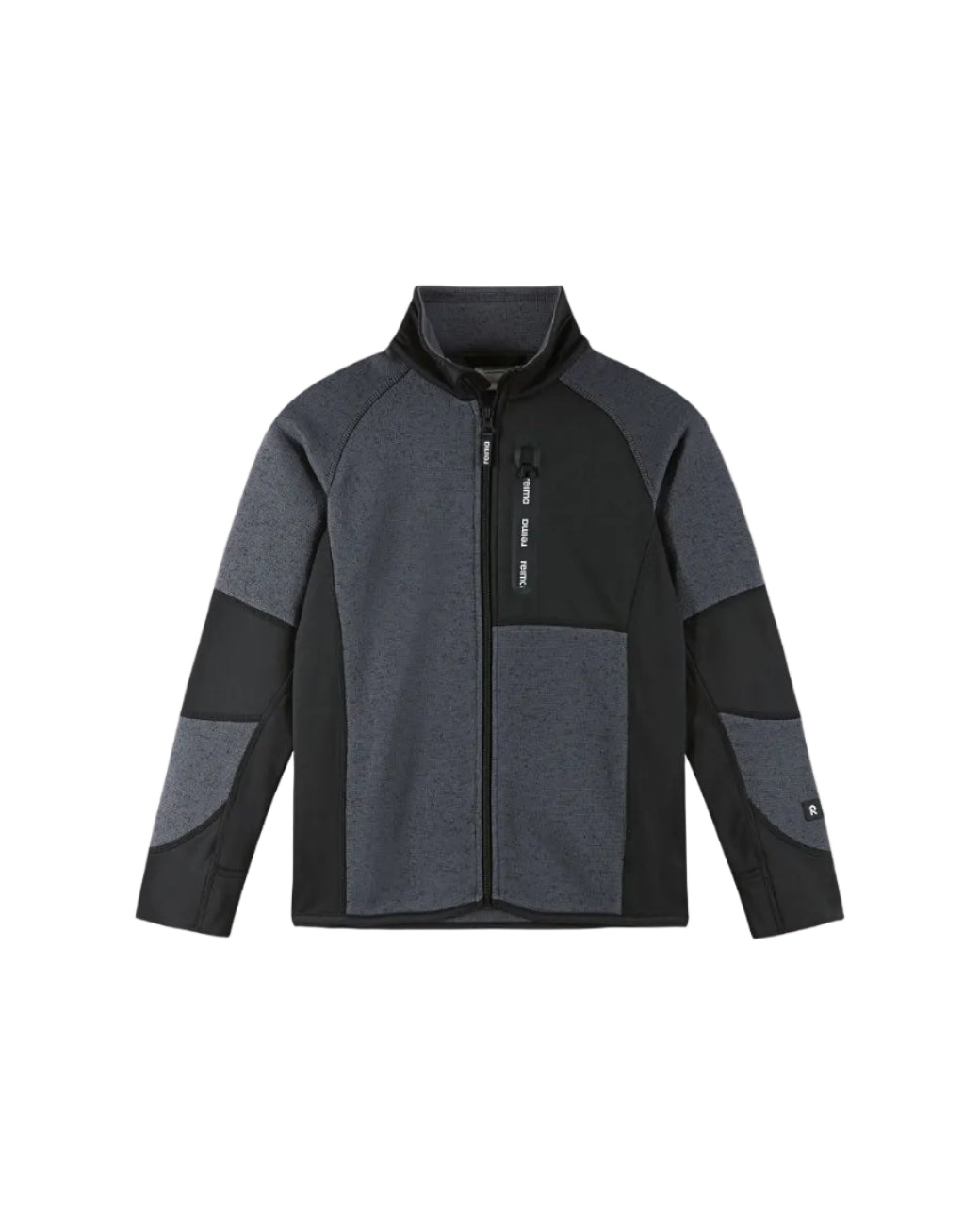 Front view of a black Reima Jr Liukuen Fleece Sweater featuring a full-length front zipper with chin guard, soft knit Seawool fabric, stretchy side panels, and a zippered chest pocket.