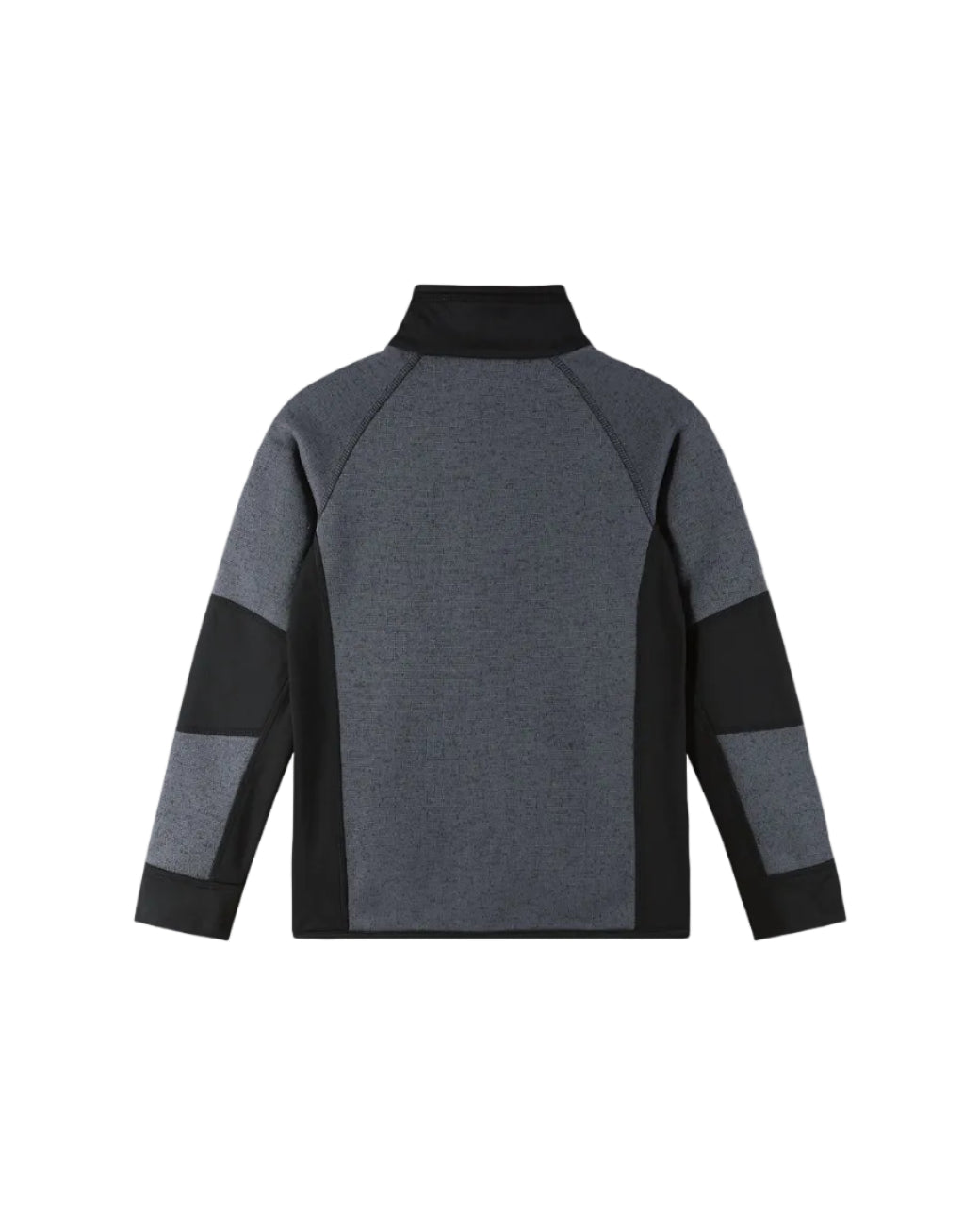 Rear view of a black Reima Jr Liukuen Fleece Sweater featuring a full-length front zipper with chin guard, soft knit Seawool fabric, stretchy side panels, and a zippered chest pocket.
