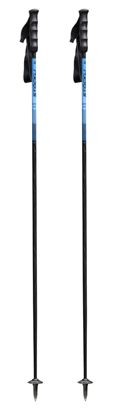Two ski poles with blue and black design on a white background