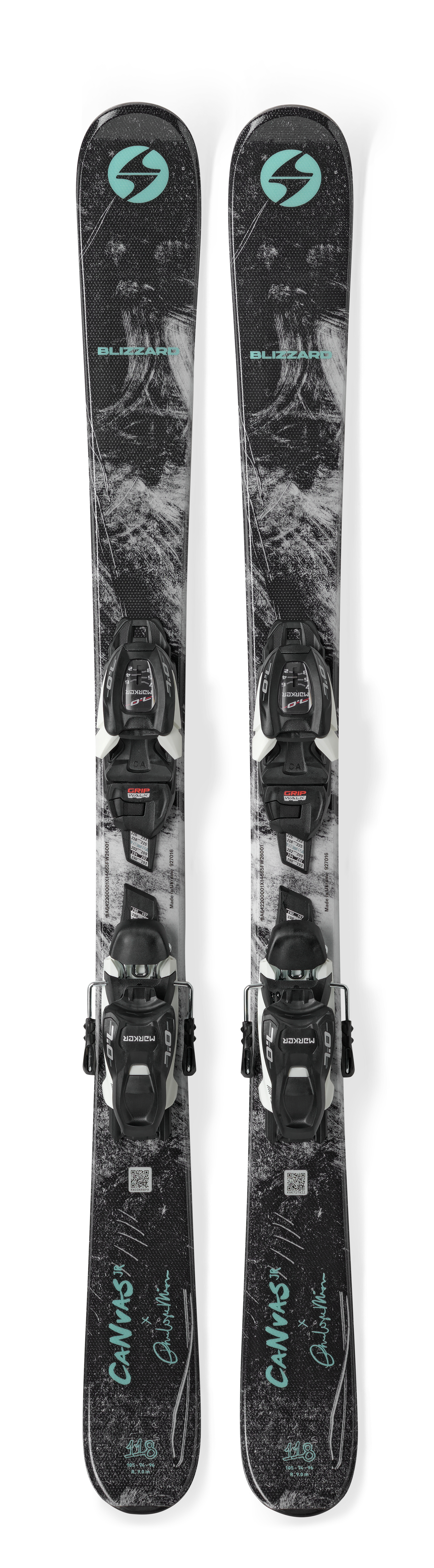Blizzard Canvas JR skis in White with 7.0 bindings included, a lightweight all-mountain ski for progressing young skiers.