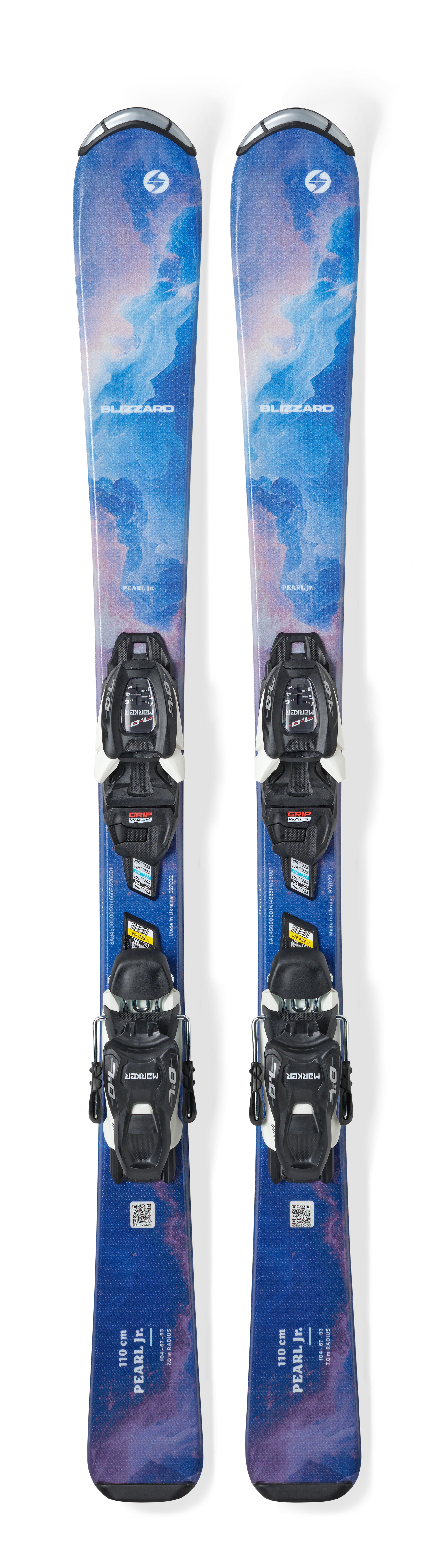 Blizzard Pearl JR skis in Blue with 4.5 bindings included, a lightweight junior ski spanning a wide size range for young skiers.