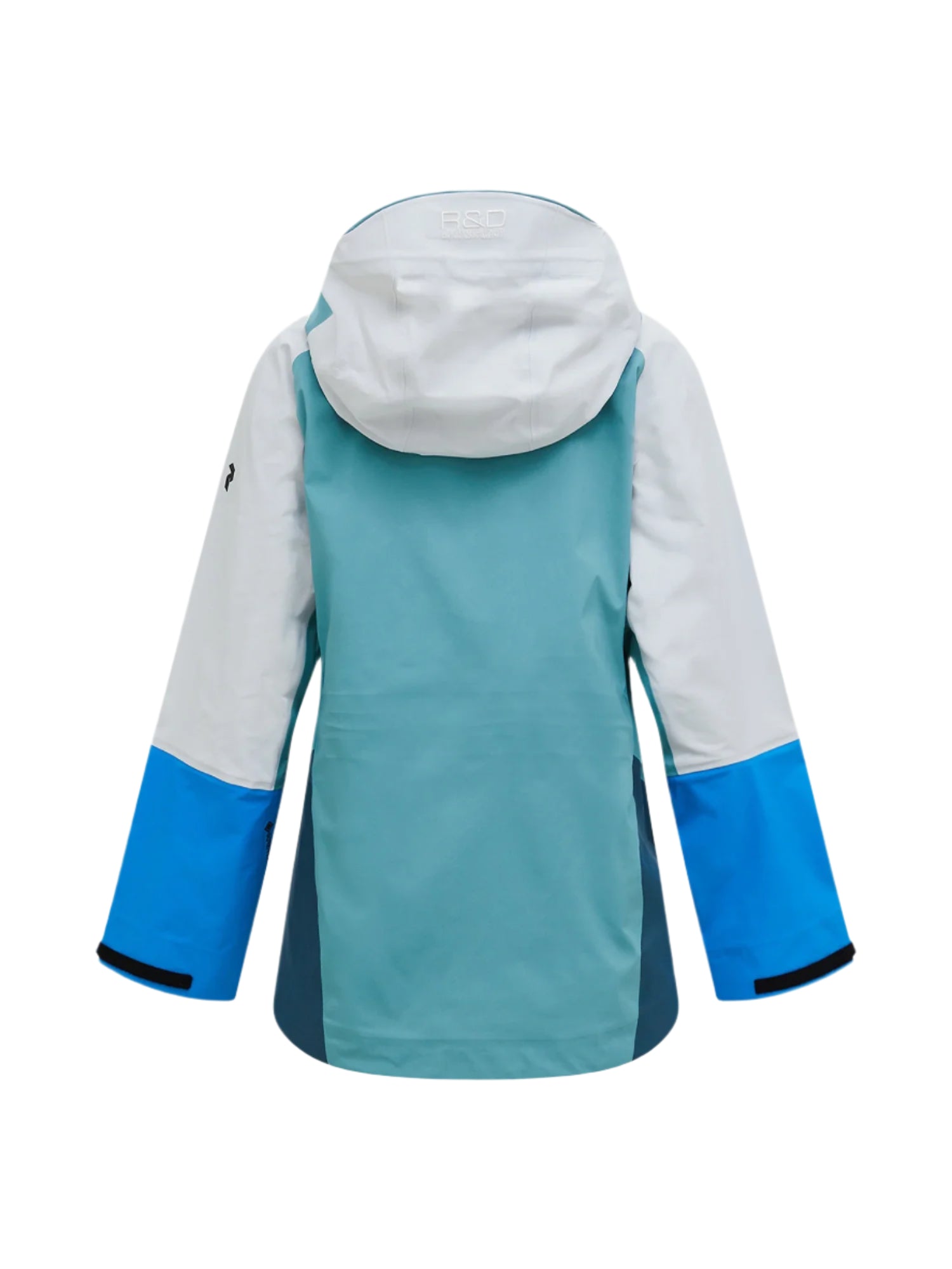 Back view of a blue and gray jacket on a white background