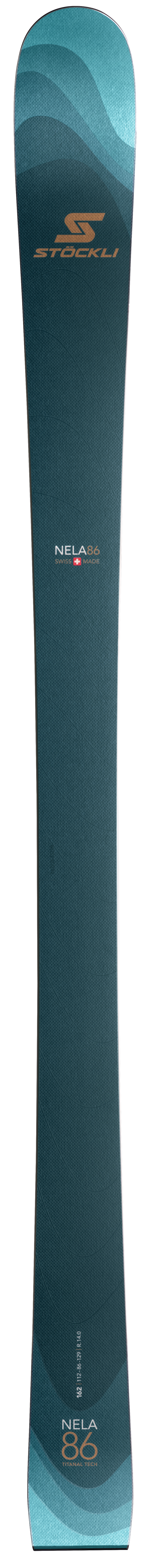 Stöckli Nela 86 women's skis, a groomer-focused ski handmade in Switzerland for precise on-piste carving.