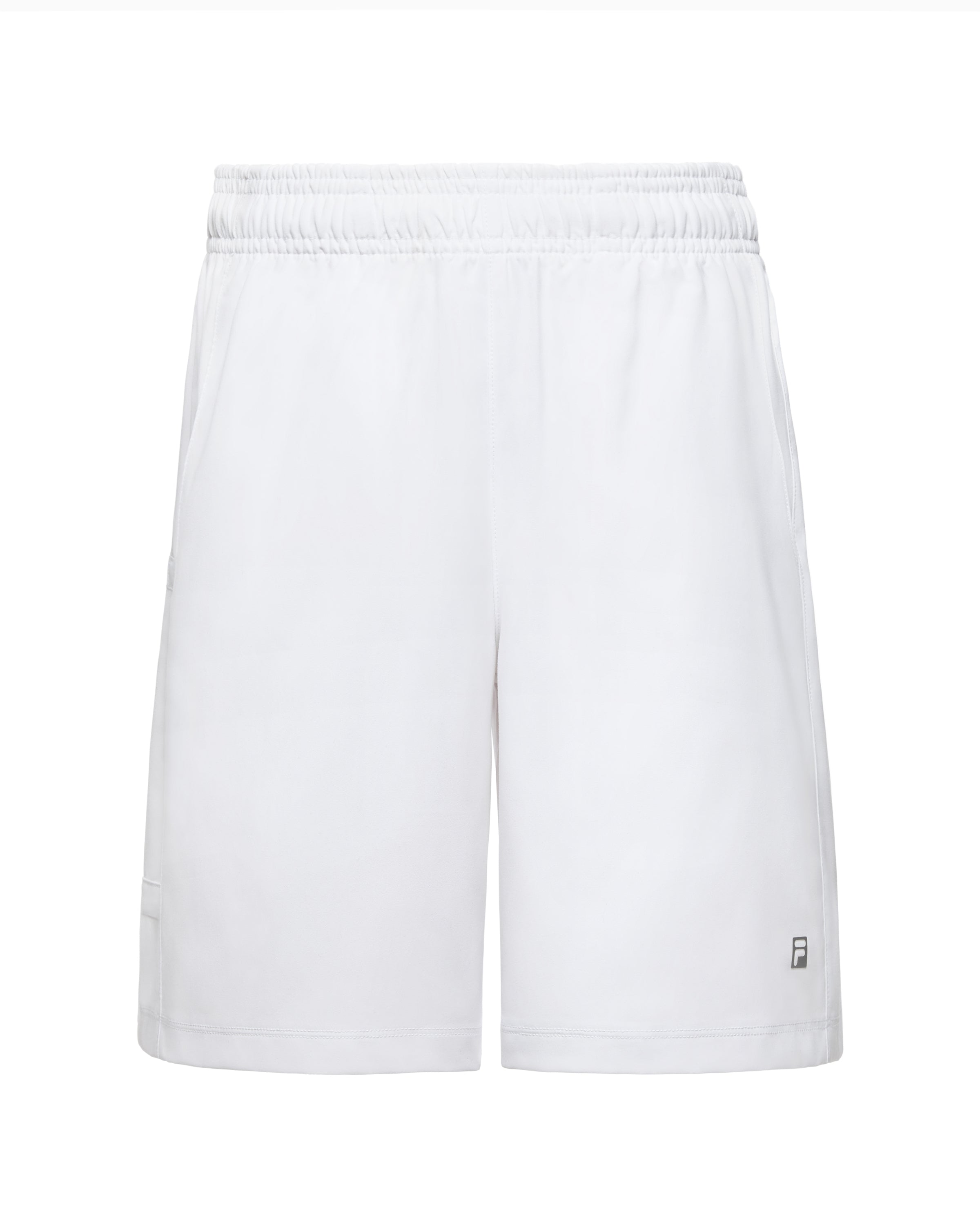 Fila Boys Player Core Shorts displayed against a white background. These athletic shorts are designed for tennis, featuring a lightweight, moisture-wicking fabric with an elastic waistband for a comfortable fit. The shorts offer freedom of movement and are perfect for active boys on the court. Available at Swiss Sports Haus in West Vancouver.