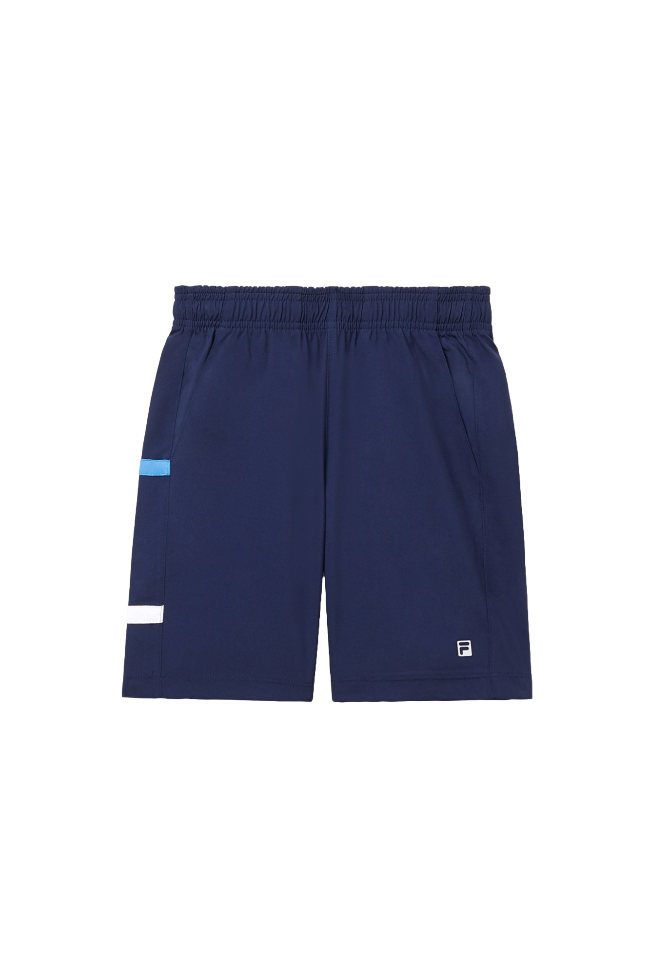 Fila Boys Player Core Shorts displayed against a white background. These athletic shorts are designed for tennis, featuring a lightweight, moisture-wicking fabric with an elastic waistband for a comfortable fit. The shorts offer freedom of movement and are perfect for active boys on the court. Available at Swiss Sports Haus in West Vancouver.