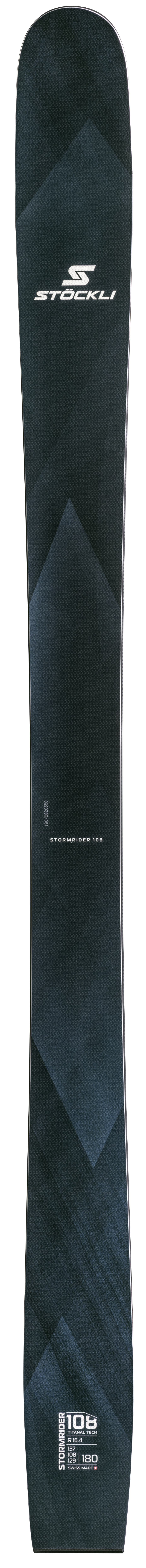 Stöckli Stormrider 108 skis, a wide freeride ski handmade in Switzerland for confident performance in deep snow.