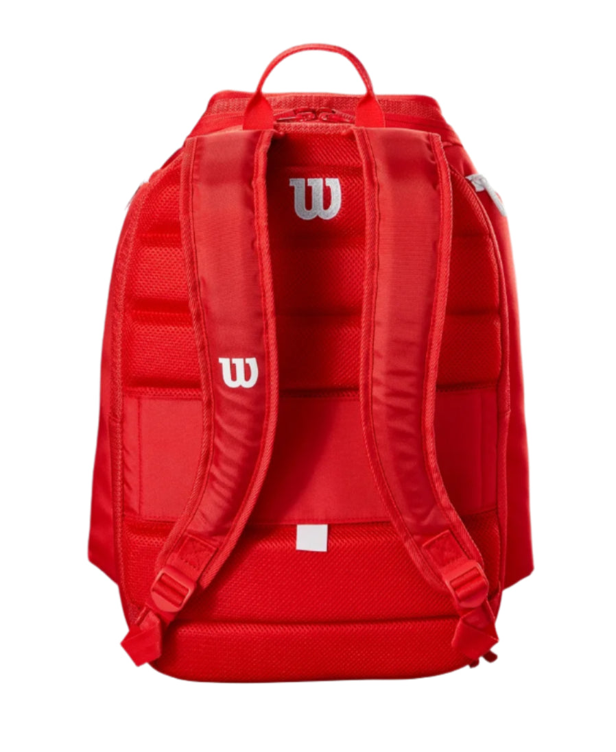 Red backpack with Wilson logo on a light gray background