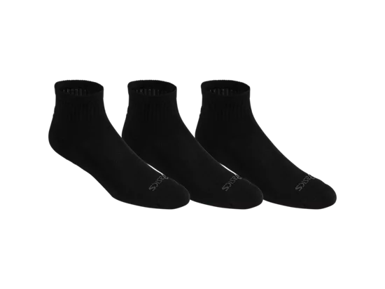 ASICS Cushion Quarter Sock 3 Pack featuring cushioned construction, quarter-height coverage, moisture management, and athletic support.