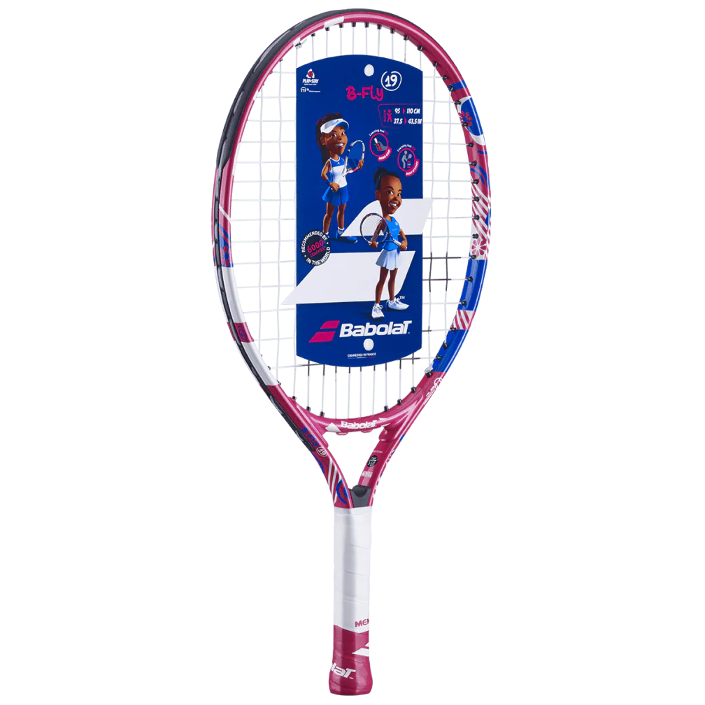 A strung Babolat B'Fly 19 inch junior tennis racket with a colorful design featuring characters and a pink grip.