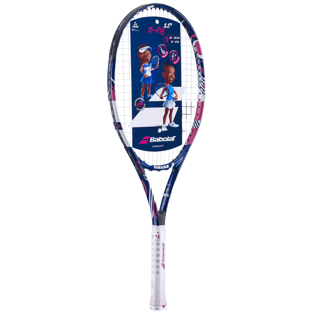 A Babolat B-Fly 25" Junior Tennis Racket emphasizing the purple, pink, and white colourway on the frame