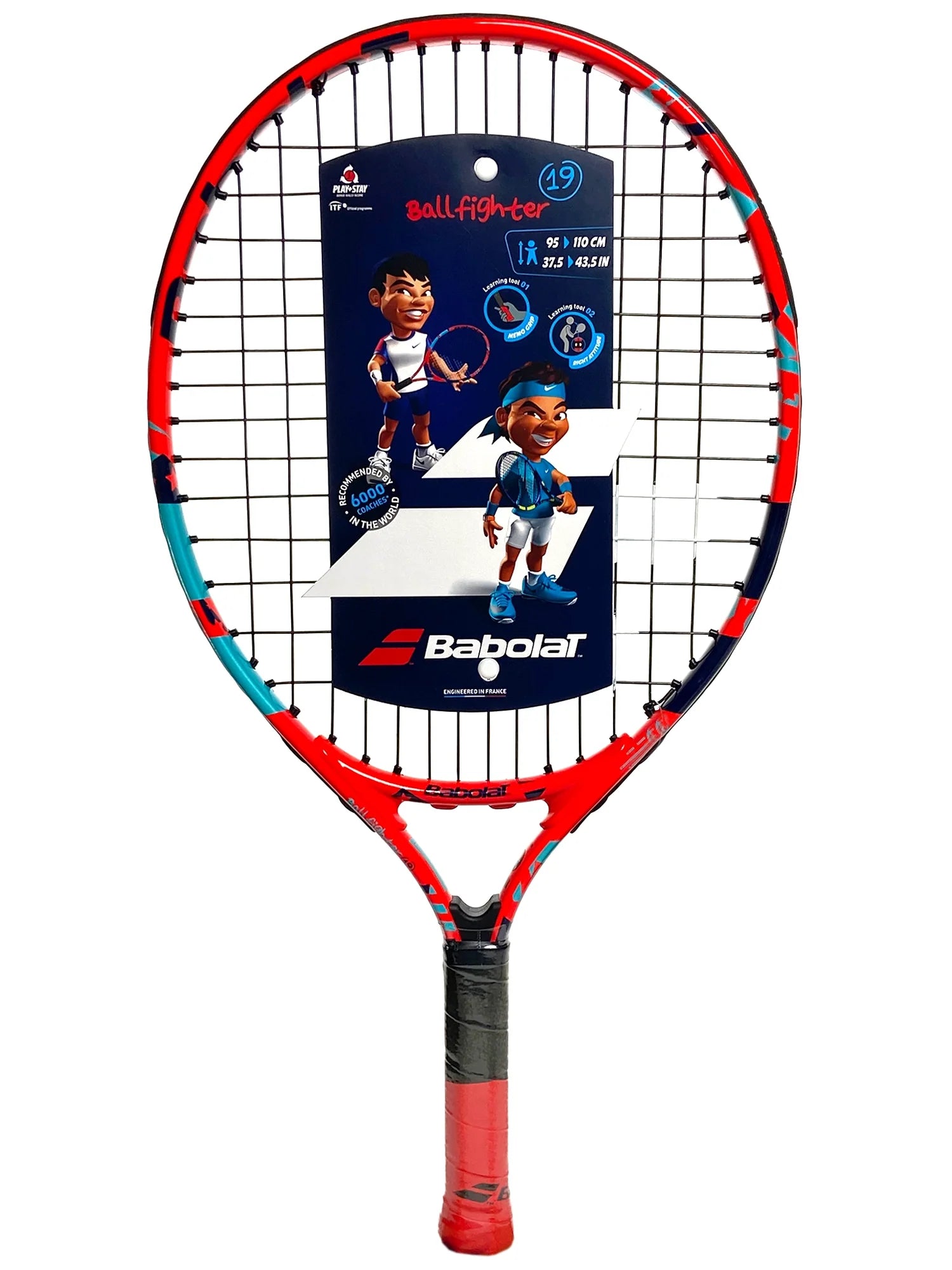 A strung Babolat Ballfighter 19 junior tennis racket with a colorful design, featuring a character and the Babolat logo on the frame, and a small carry bag included.