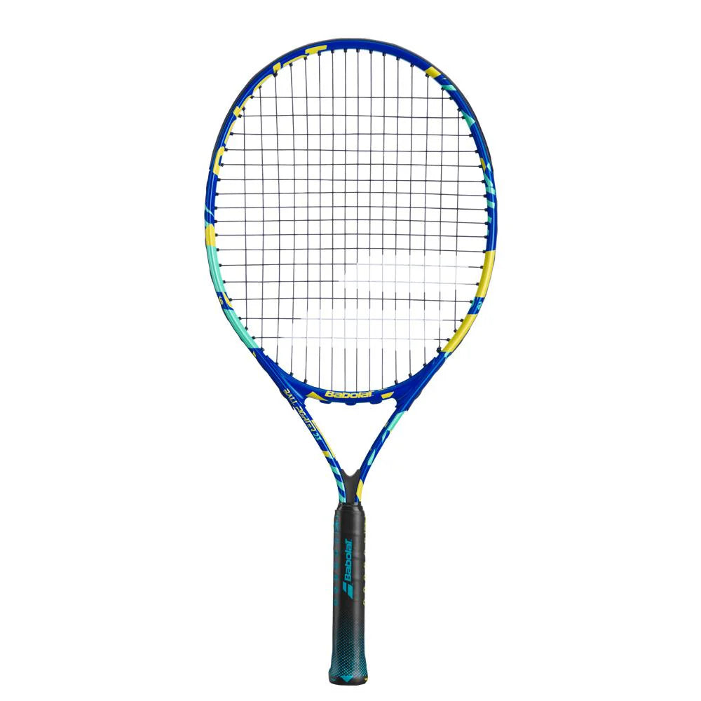 A strung Babolat Ballfighter 23 inch junior tennis racket with a blue frame and yellow and blue accents on the frame, designed for children.