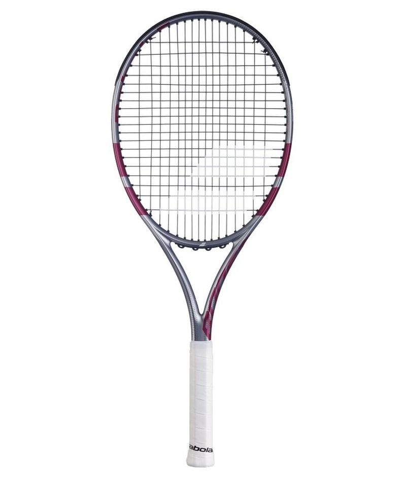 A Babolat Boost Aero Pink tennis racket that features a grey and pink frame with a white grip