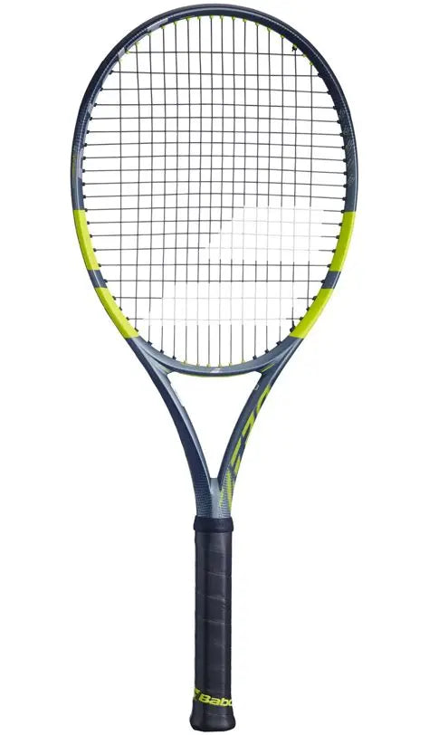 A Babolat Boost Aero 2026 strung tennis racket that has a grey and green frame with a black grip