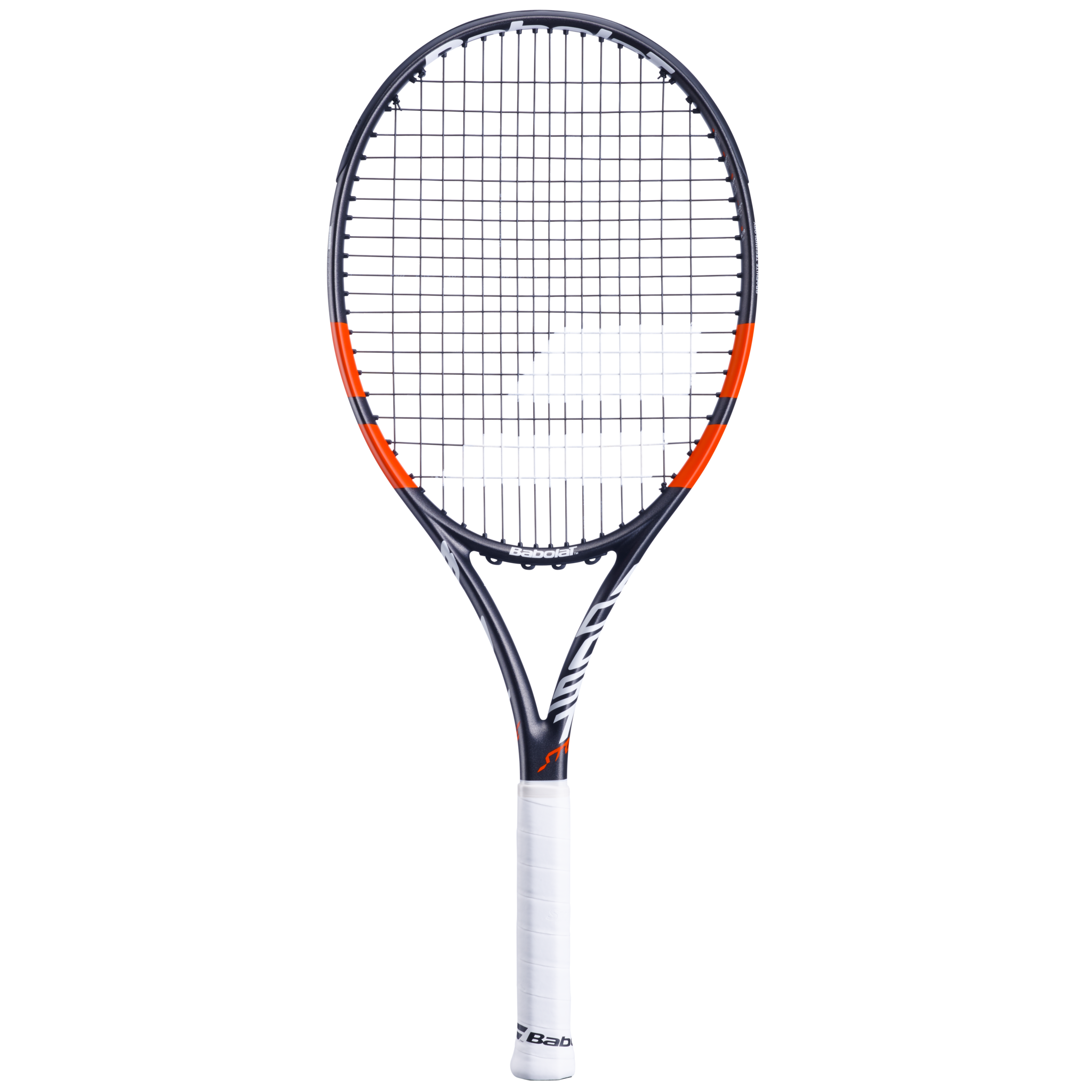 A strung Babolat Boost Strike tennis racket with a black grip, white frame with orange and gray detailing, and a logo on the string bed.