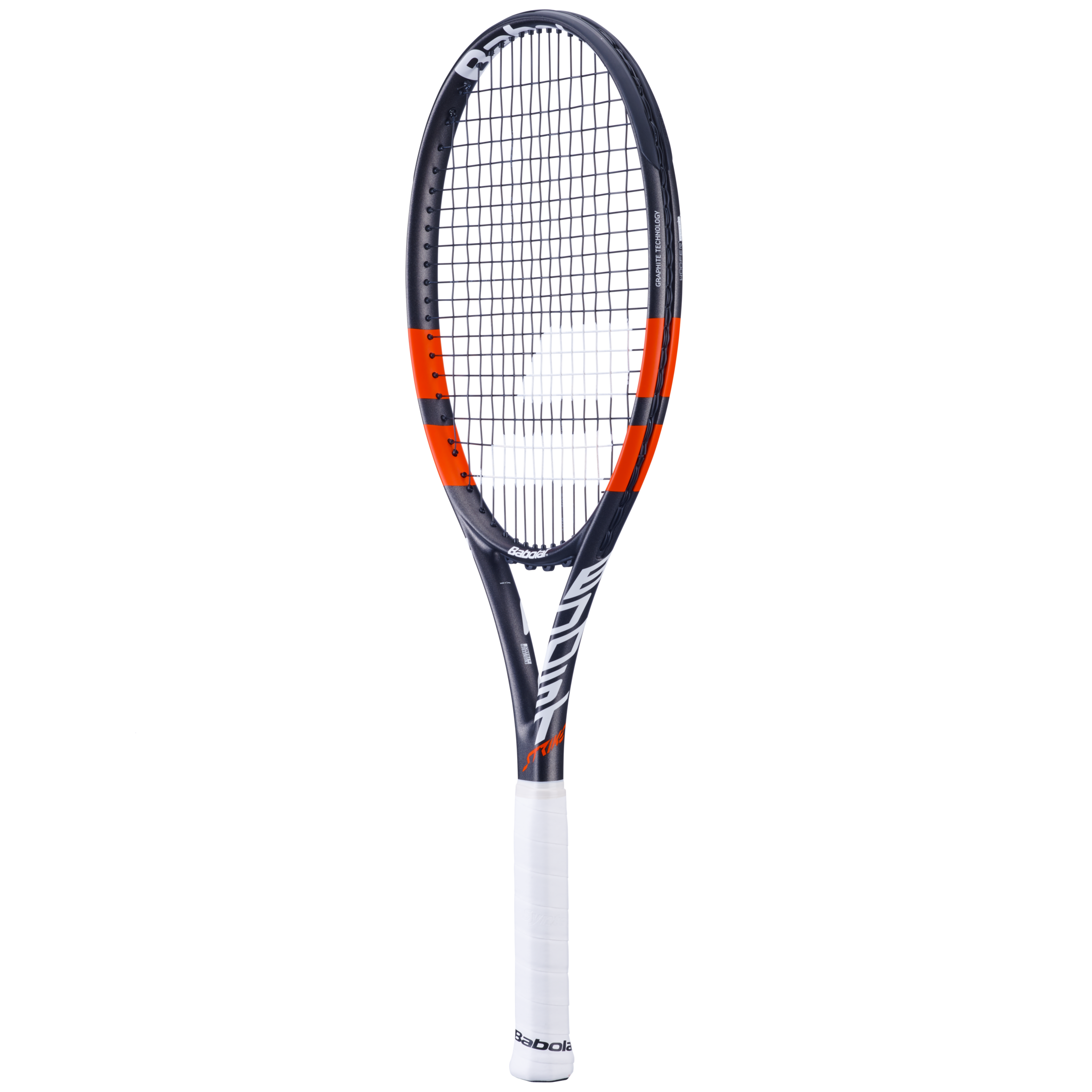 A strung Babolat Boost Strike tennis racket with a black grip, white frame with orange and gray detailing, and a logo on the string bed.
