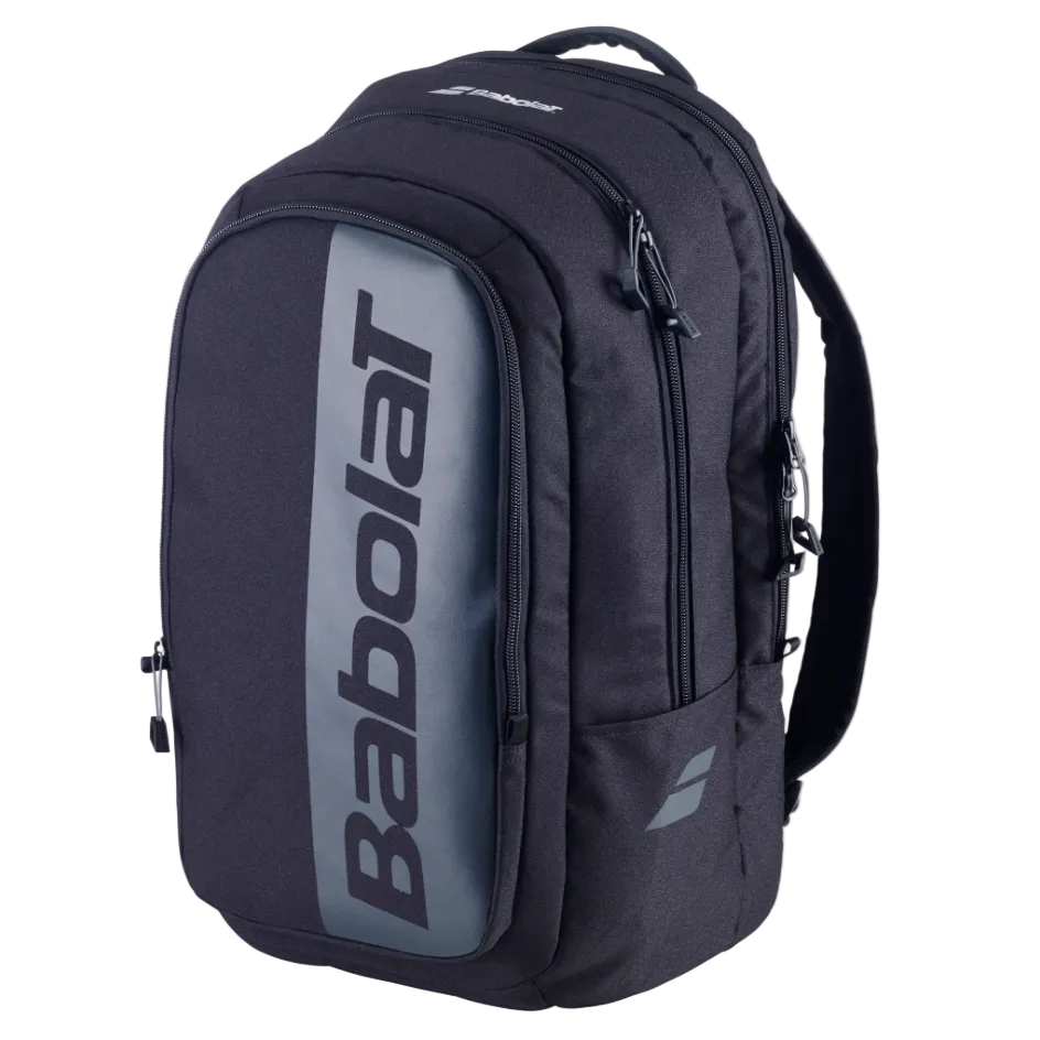 A black Babolat Court Backpack Hero that is designed to hold your tennis racket and accessories.