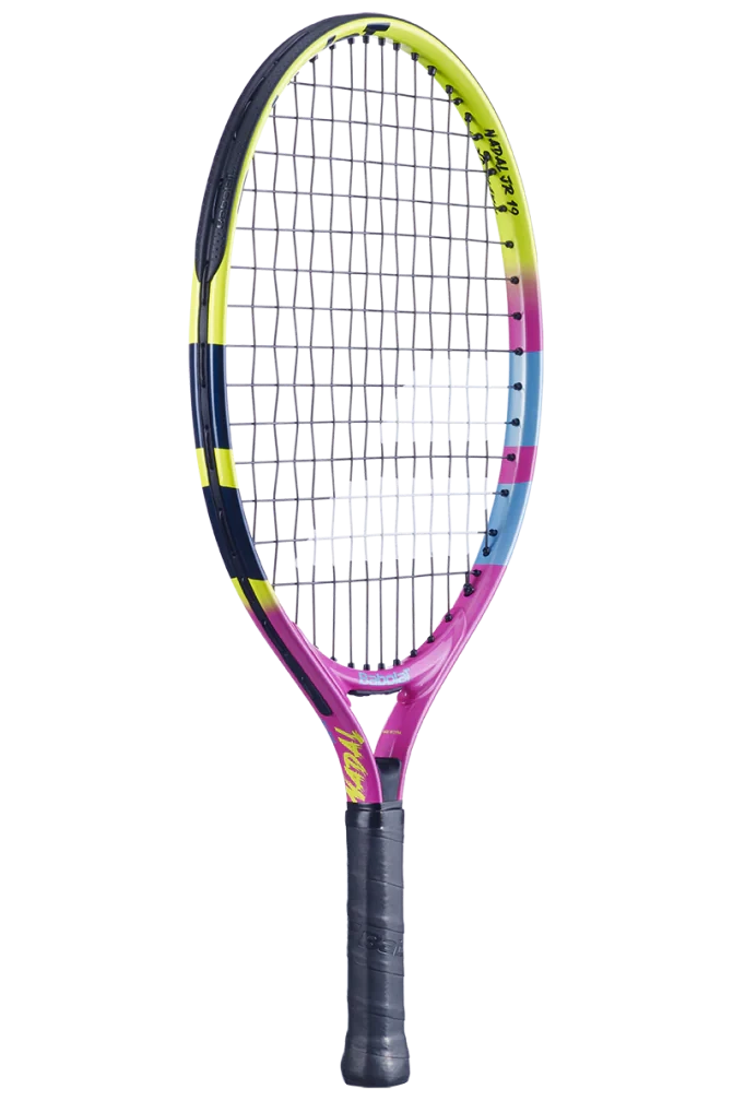 A Babolat Nadal Junior 19" tennis racket that shows off the signature pink, blue, and yellow colour scheme of Rafa Nadal