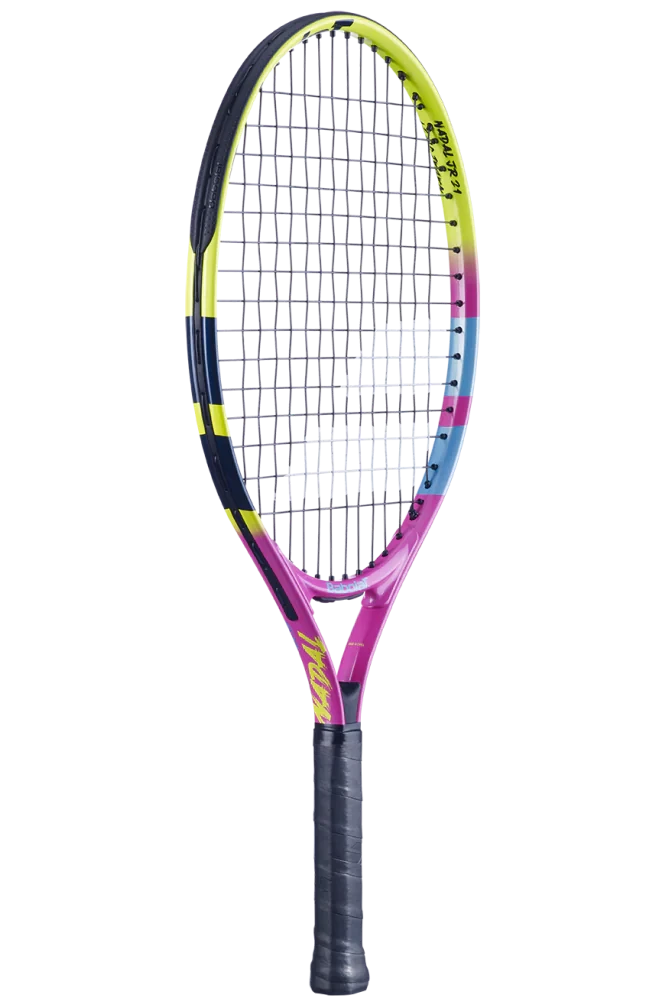 A Babolat Nadal Junior 21" tennis racket highlighting Rafa Nadal's signature colour scheme.