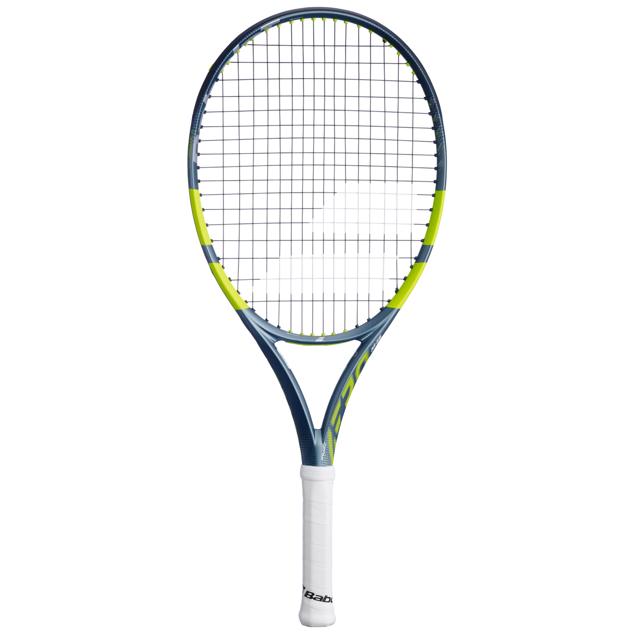 A Babolat Pure Aero Junior 25" Gen 9 high-performance spin tennis racket with a grey and green frame designed for kids aged 9-10