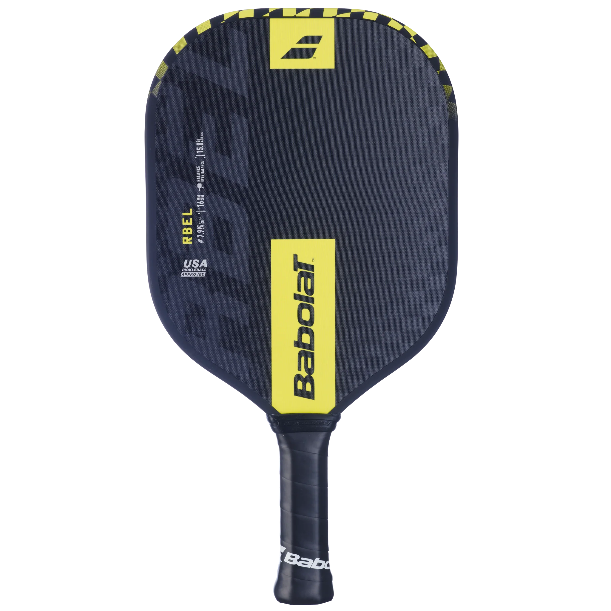 A Babolat RBEL Gen 3 pickleball paddle that has a black and yellow surface
