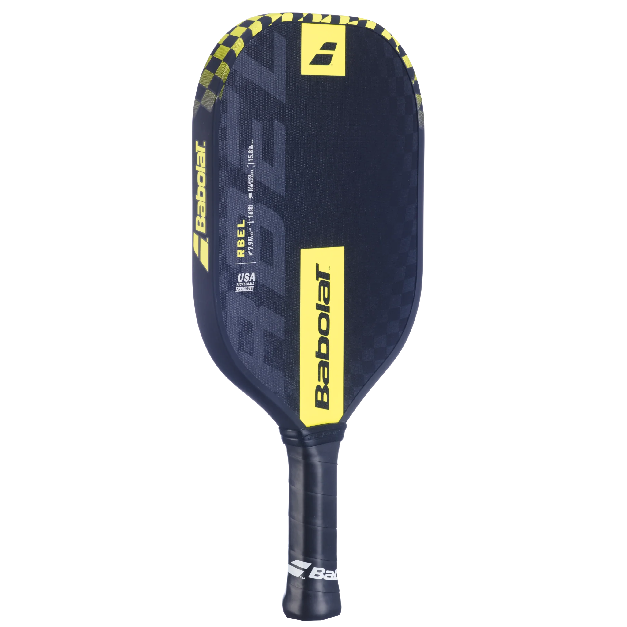 A Babolat RBEL Gen 3 pickleball paddle that has a black and yellow surface