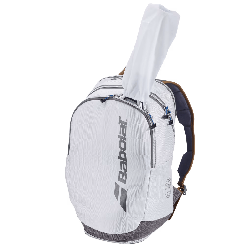 Babolat Wimbledon Backpack featuring official Wimbledon-inspired styling, racquet storage, multiple compartments, and padded shoulder straps.