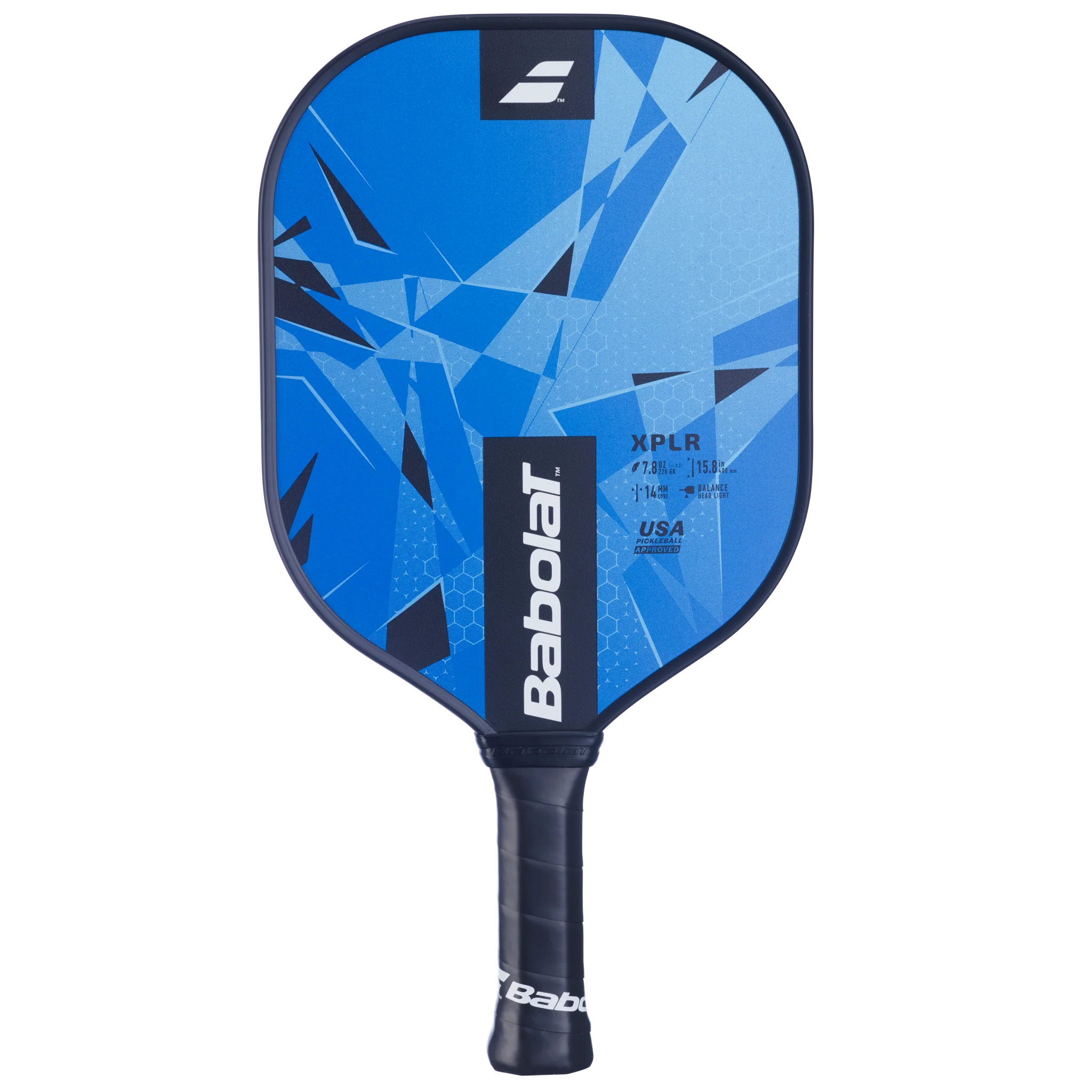 A Babolat XPLR 3rd Gen pickleball paddle that shows off the striking blue and black colourway