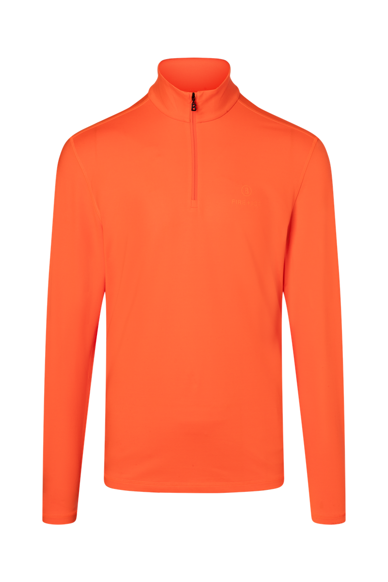 An orange Bogner Fire + Ice Men's Pascal turtleneck midlayer sweater that is made from a moisture-wicking 4-way stretch technical fabric.