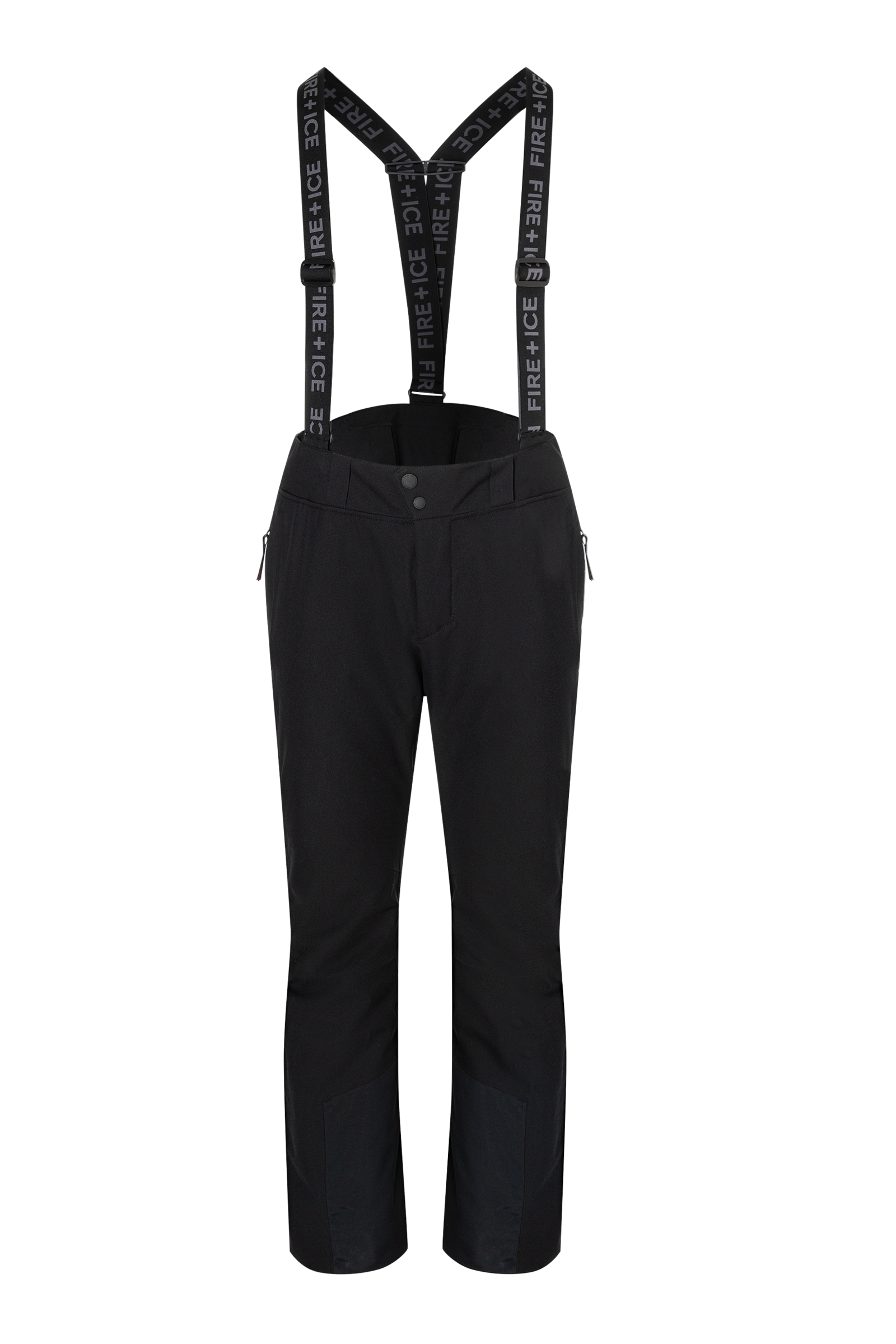 A pair of black Bogner Fire + Ice Men's Scott 3 ski pants that feature a waterproof and breathable membrane, a premium 4-way stretch technical fabric, and a sleek silhouette.