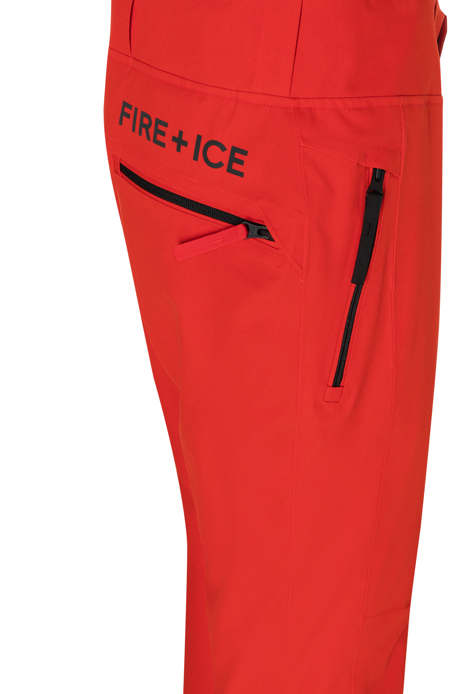 A pair of red Bogner Fire + Ice Men's Scott 3 ski pants that feature a waterproof and breathable membrane, a premium 4-way stretch technical fabric, and a sleek silhouette.
