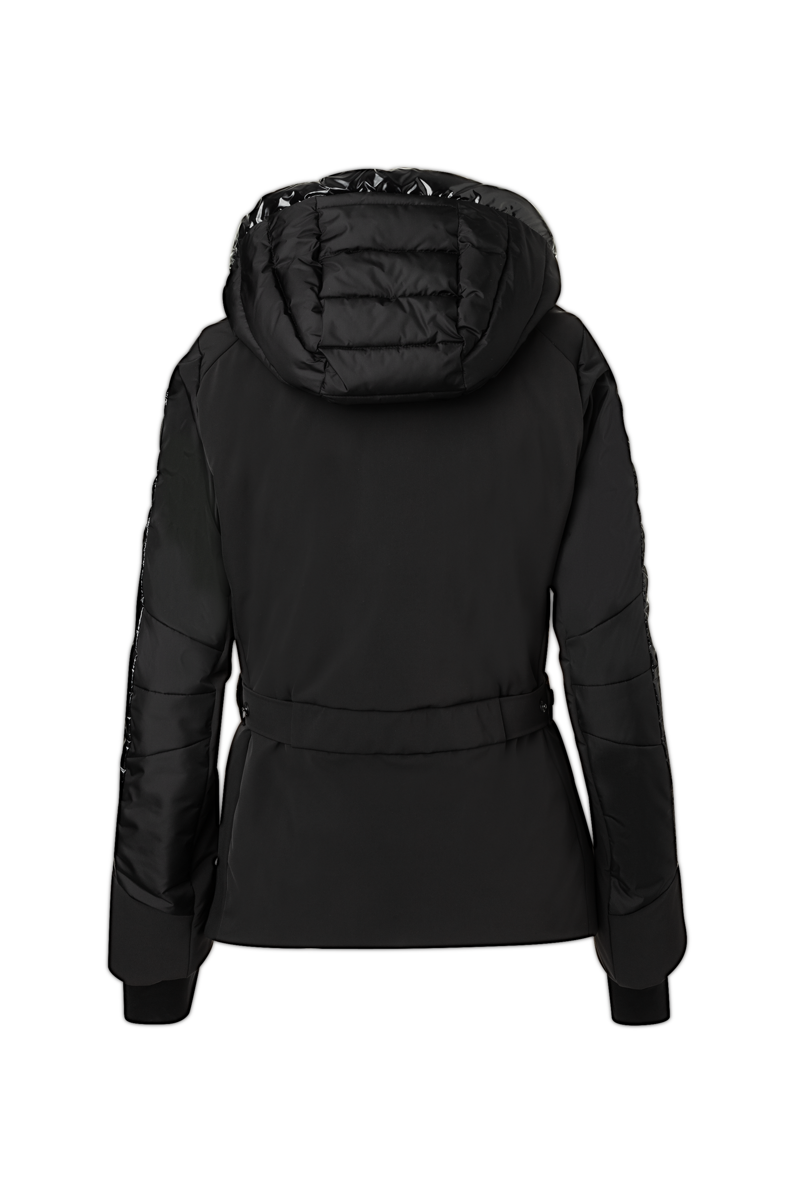 A black Bogner Fire + Ice Women's Cadja Ski Jacket that features a 20K waterproof and 20K breathable membrane, a premium 4-way stretch technical fabic, and a form-flattering silhouette.