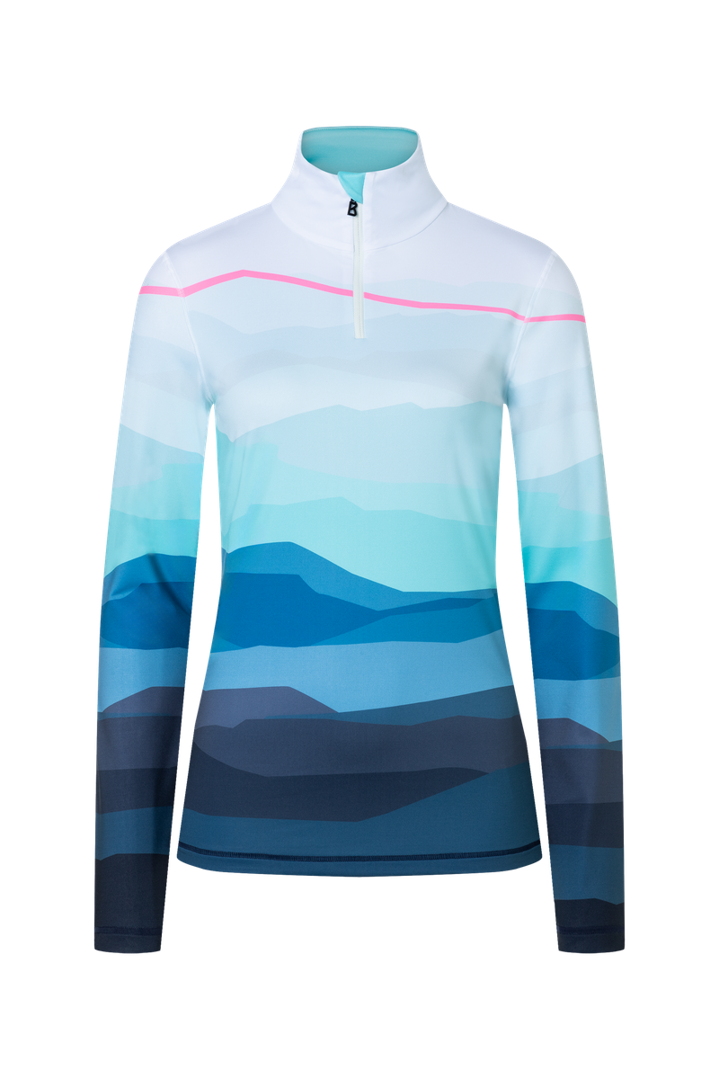 A blue and white print Bogner Fire + Ice Women's Ilvy 3 Turtleneck midlayer sweatshirt that is made from a premium technical fabric.