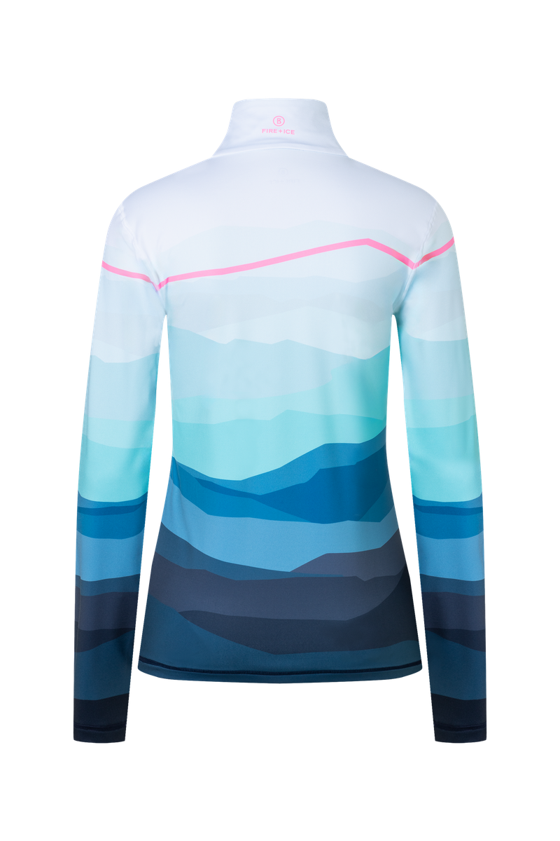 A blue and white print Bogner Fire + Ice Women's Ilvy 3 Turtleneck midlayer sweatshirt that is made from a premium technical fabric.