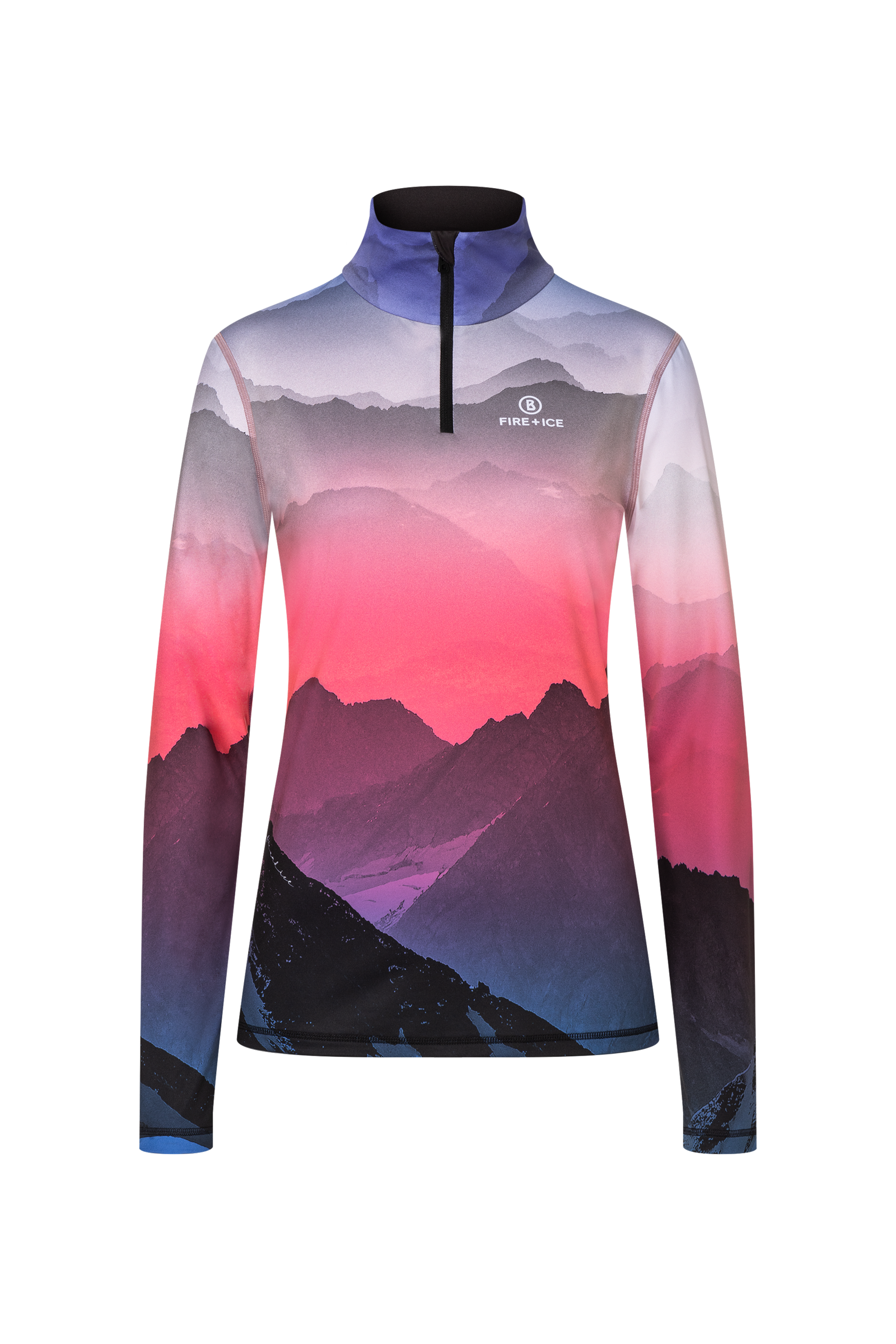 A pink and purple print Bogner Fire + Ice Ilvy turtleneck midlayer sweater that is made from a premium moisture-wicking 4-way stretch technical fabric.