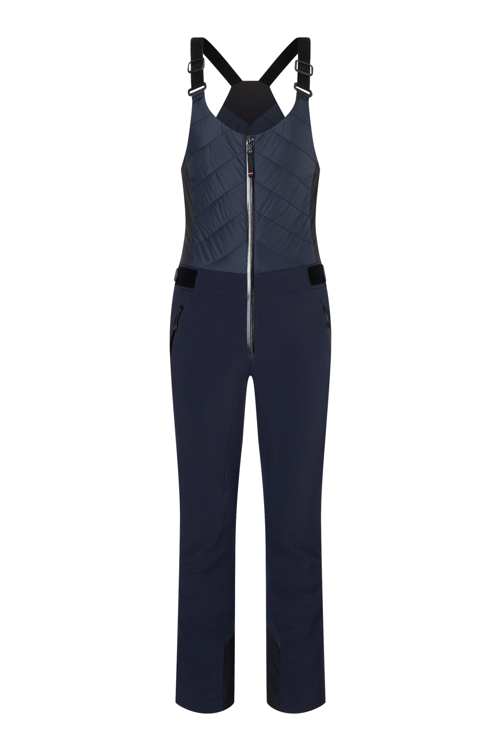 A pair of navy blue Bogner Fire + Ice Women's Ivie2-T Bib Ski Pants that feature a 20K waterproof and 20K breathable membrane, a premium 4-way stretch technical fabric, and a sleek silhouette.