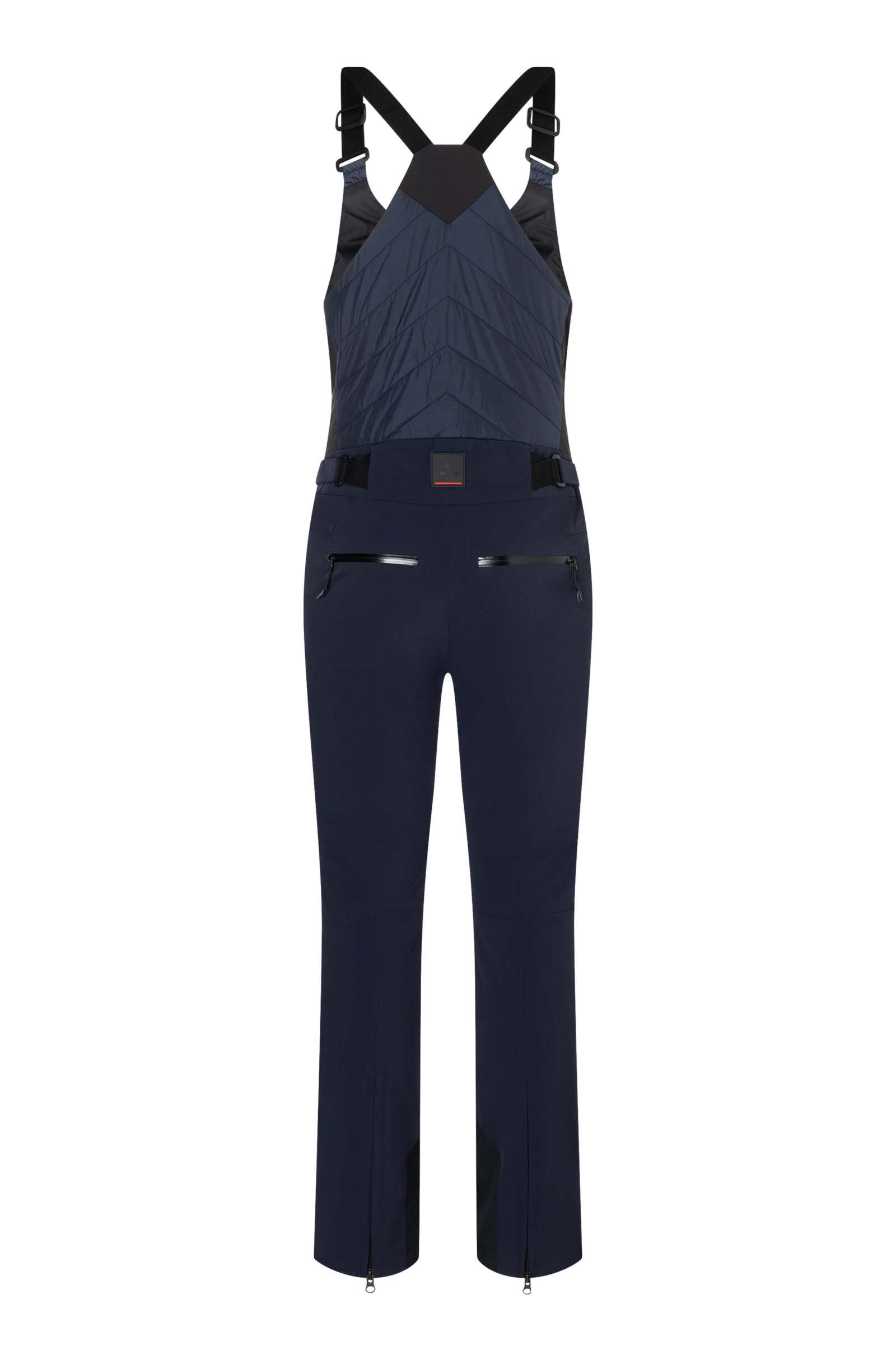 A pair of navy blue Bogner Fire + Ice Women's Ivie2-T Bib Ski Pants that feature a 20K waterproof and 20K breathable membrane, a premium 4-way stretch technical fabric, and a sleek silhouette.