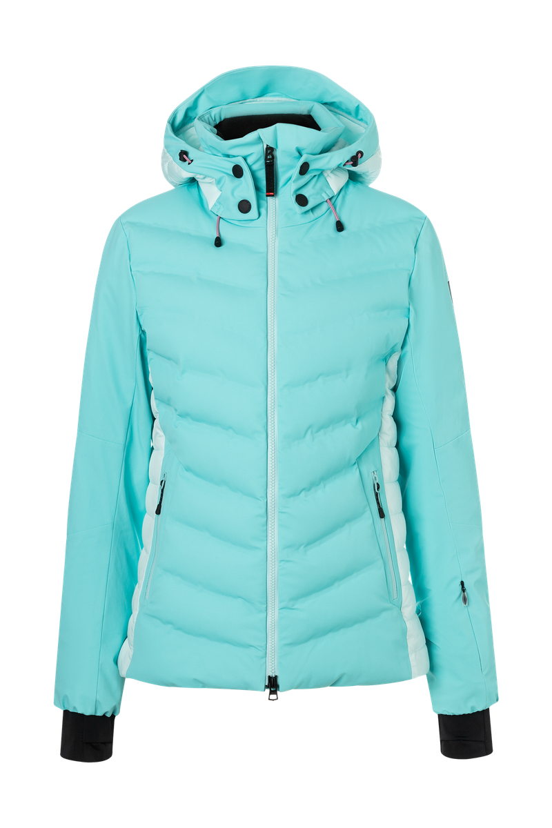 A light blue Bogner Fire + Ice Women's Janka 4 ski jacket that features a 20K waterproof and 20K breathable membrane, a premium 4-way stretch fabric, and a form-flattering fashionable silhouette.